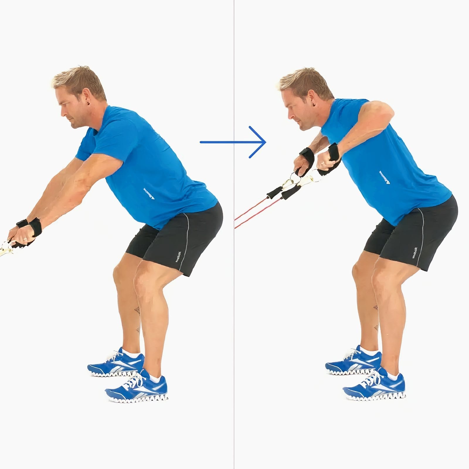 Man bent slightly forward with ankle straps around his wrists pulls his elbows up and back from a low door anchor.