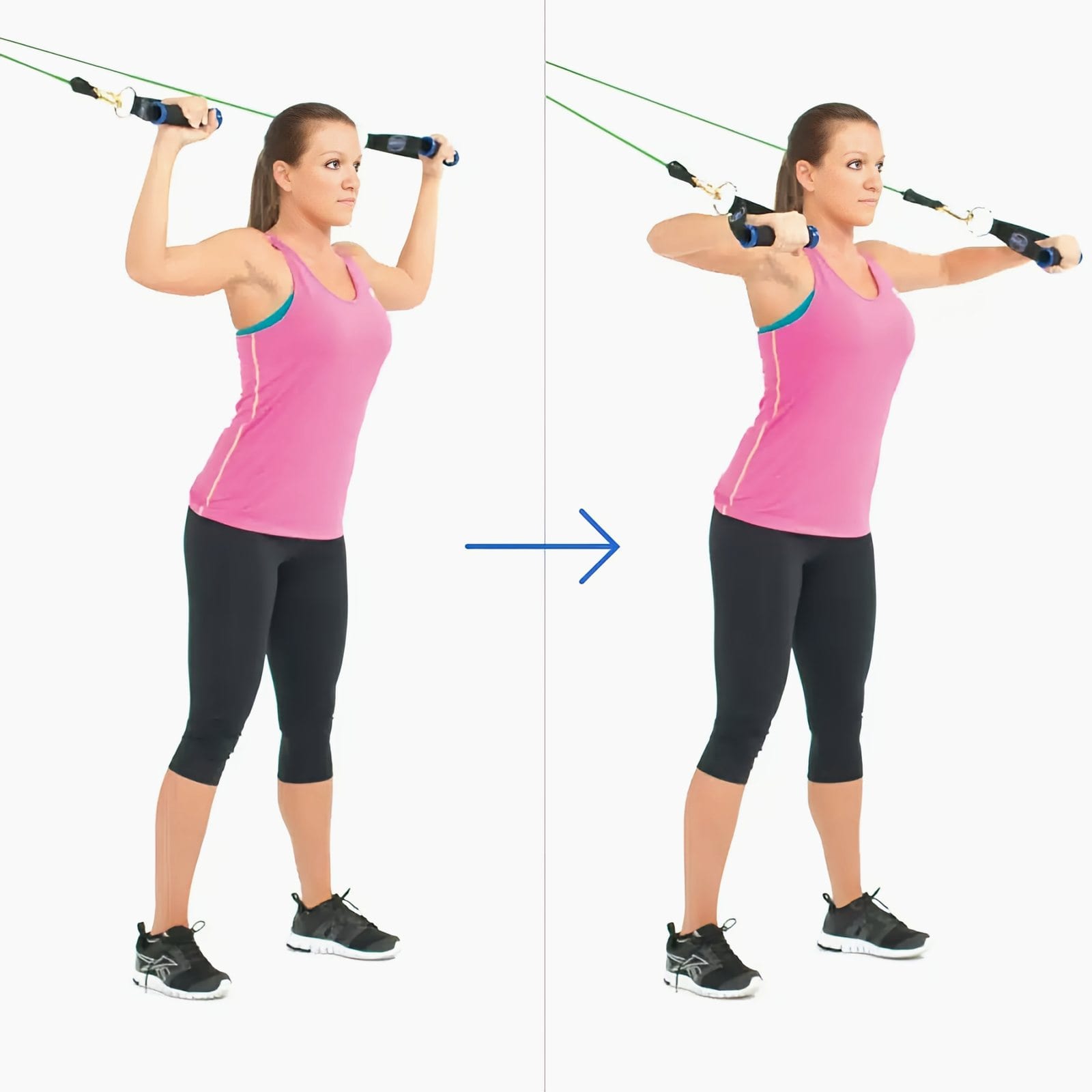 Woman with her back to a top door anchor holds handles with forearms up, then rotates them forward until level with the floor.