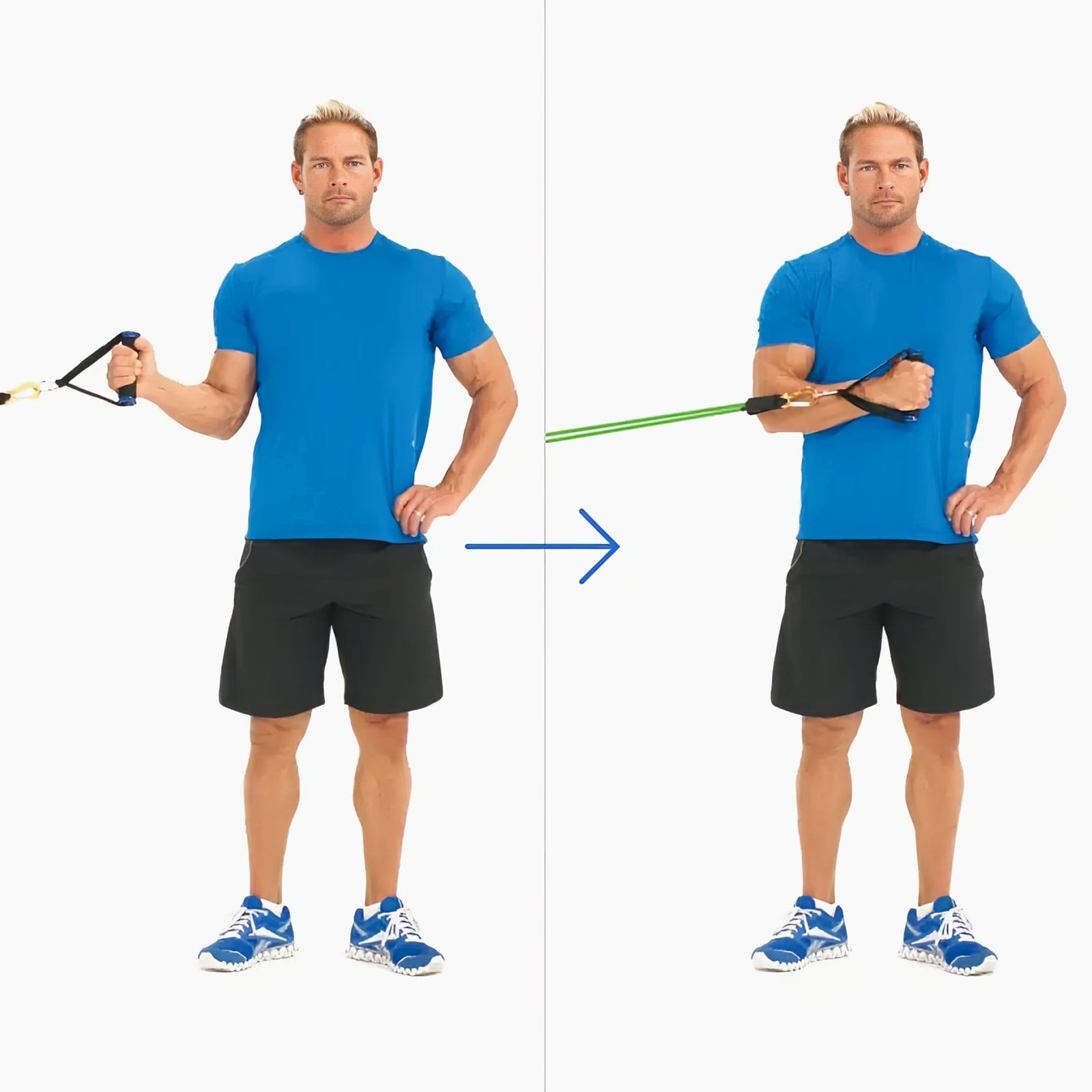 Man stands side-on to a waist-high anchor, elbow at his side, rotating a handle from out to the side in to his chest.