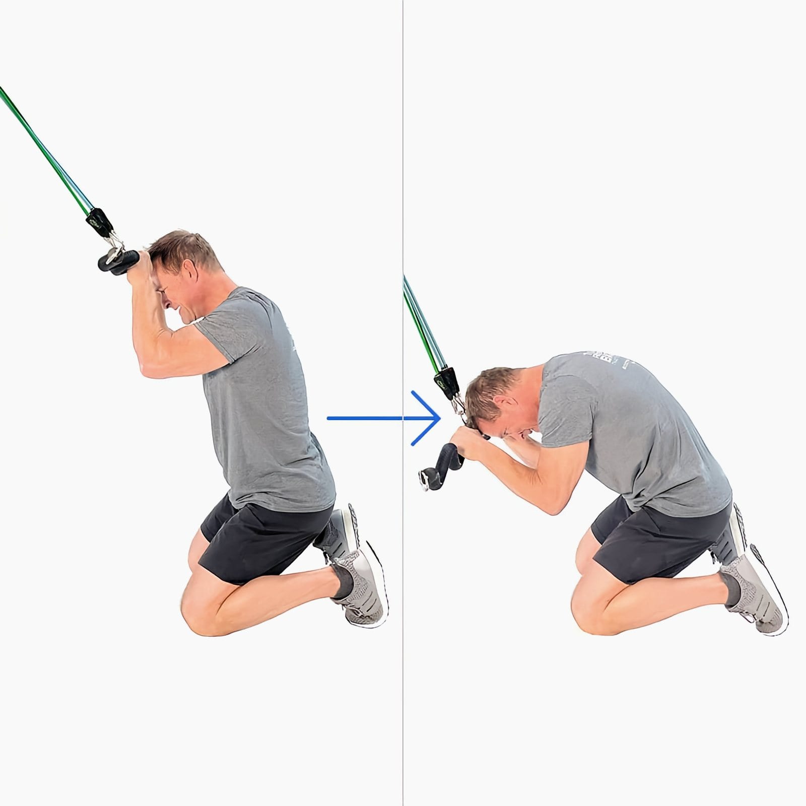 A man in a gray Bodylastics T-shirt kneels holding a Resistance Band Bar at his forehead from a high anchor, then crunches down toward his knees.