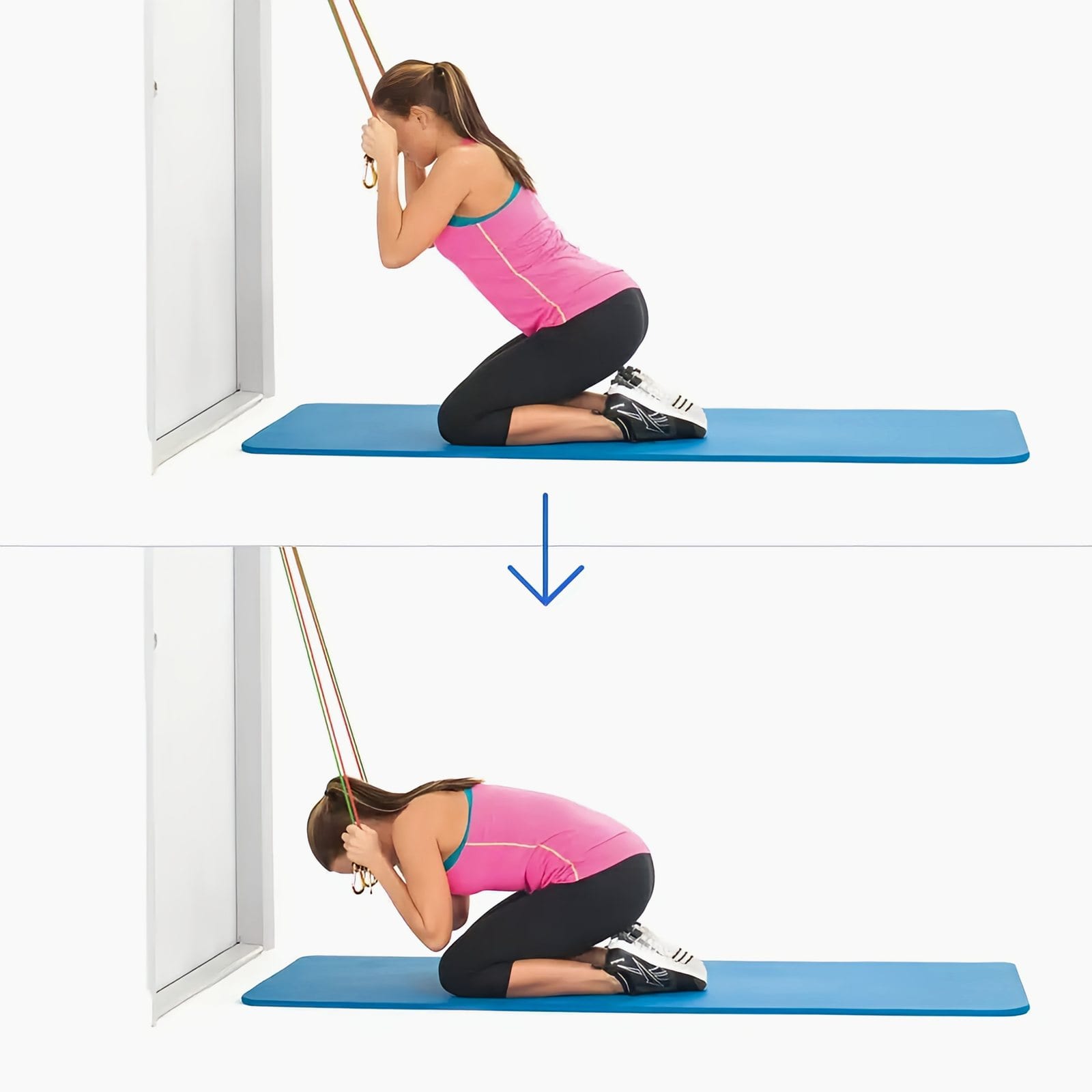 Woman kneeling on a mat facing a door, holding the band beside her forehead, then crunching forward with elbows toward the floor in front of her knees.