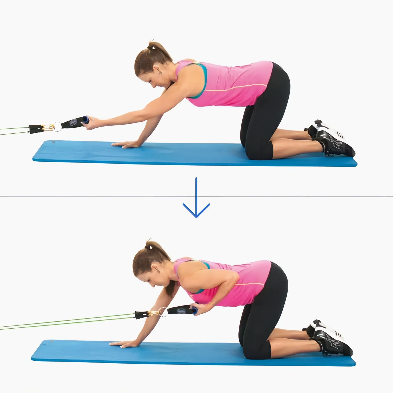 Woman on hands and knees on a mat reaching one arm forward to a handle from a low anchor, then rowing it back until her hand is below her chest.