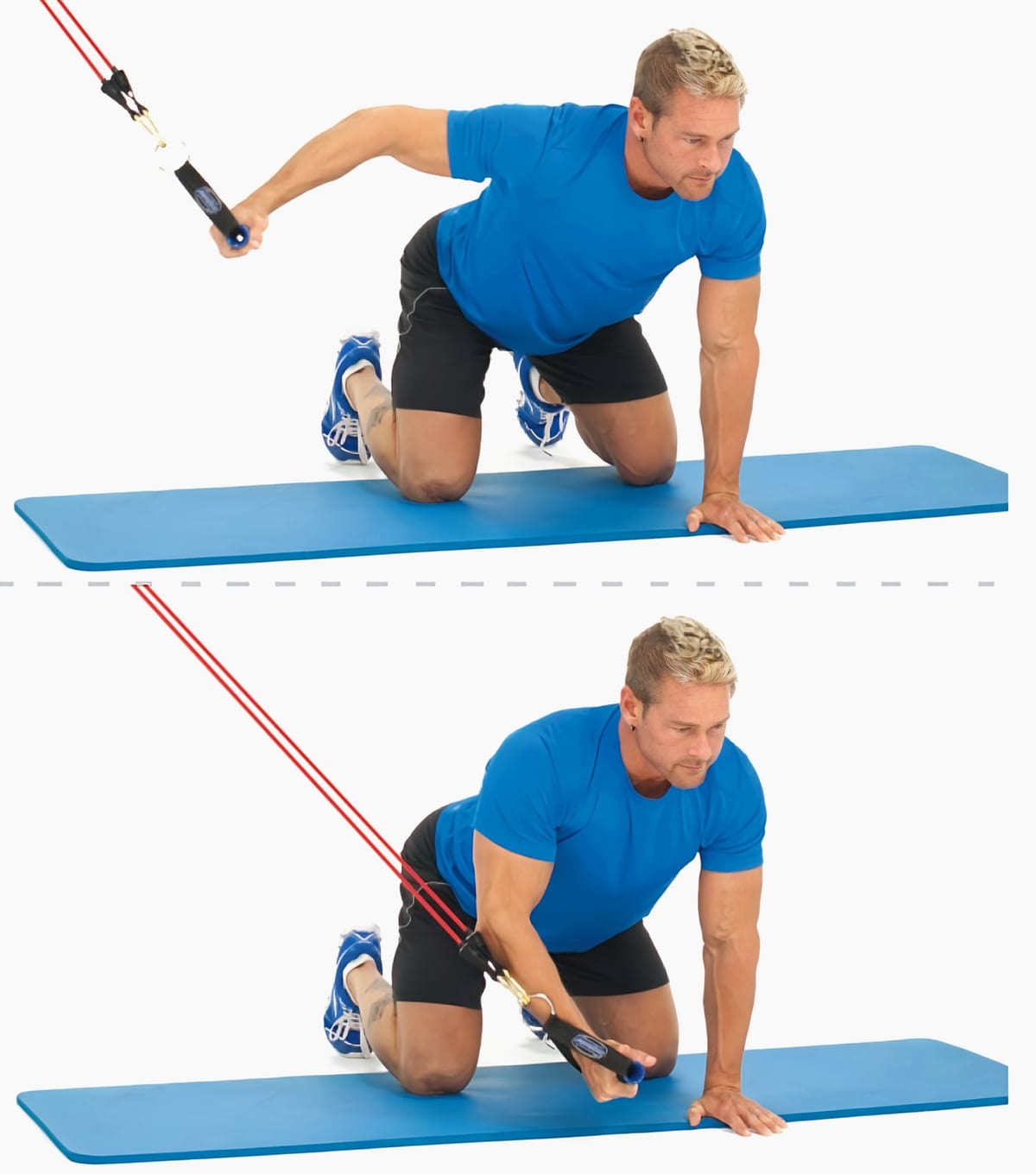 Man kneeling on a mat with one hand on the floor, other arm out toward a high anchor holding a handle, then sweeping it down beneath his chest.