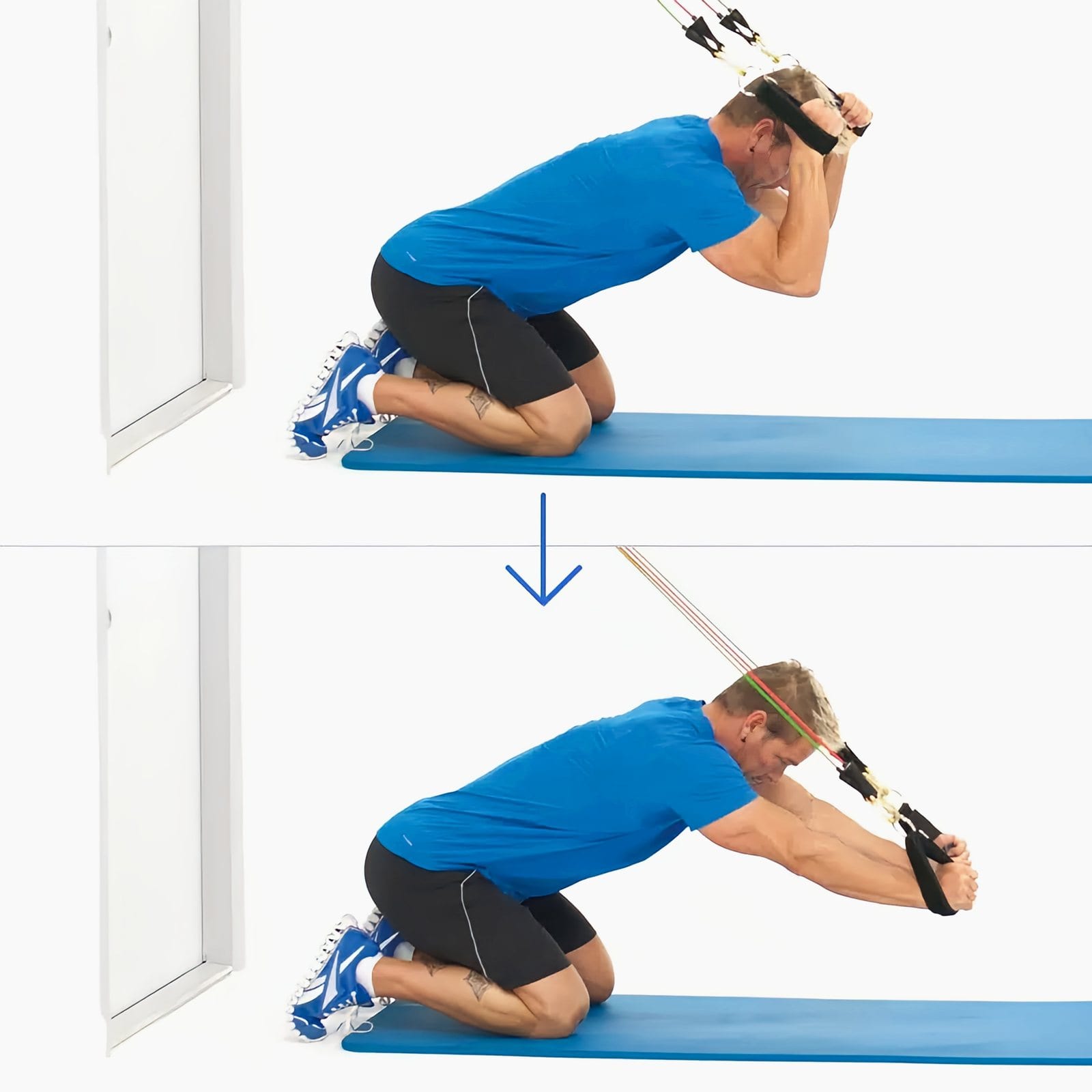 Man kneeling with feet against the door, holding ankle straps from a high anchor beside his forehead, then pushing his hands forward to straight arms.