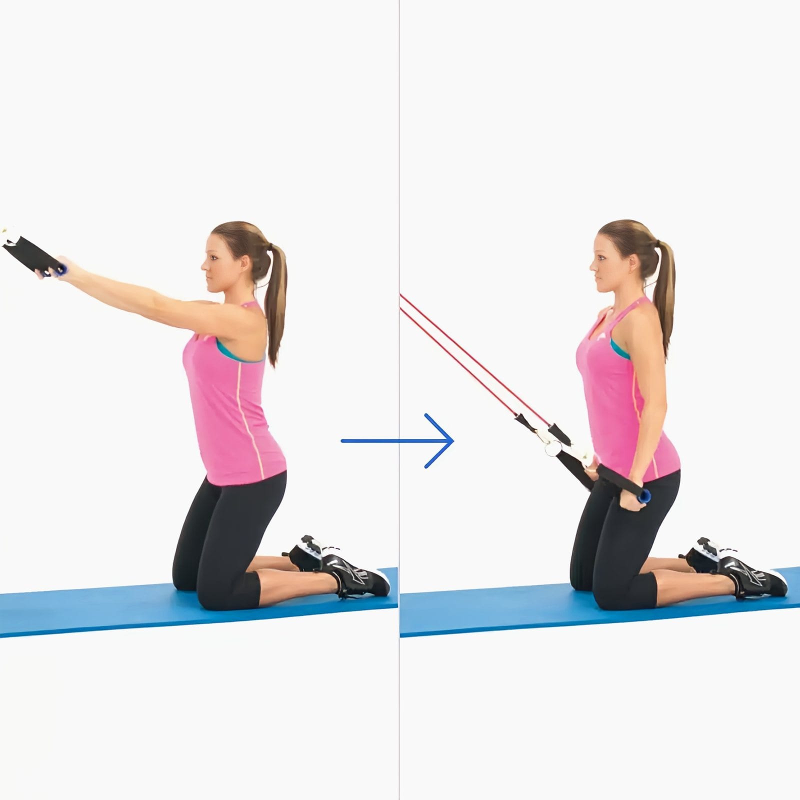 Woman kneeling upright facing a high anchor with straight arms reaching forward to two handles, then pushing them down to her hips.