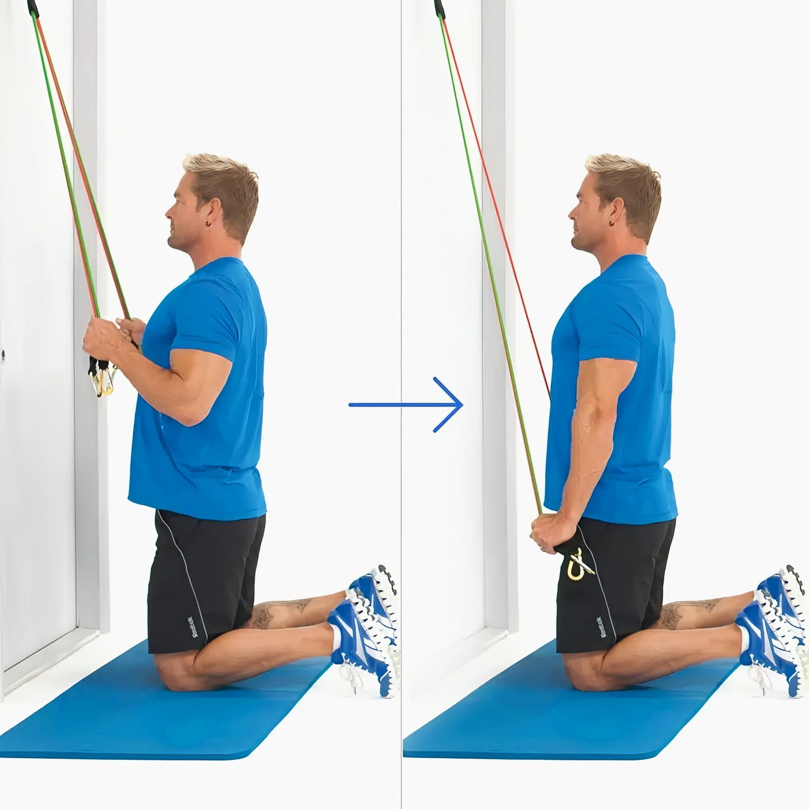 Man kneeling facing a door gripping band ends from a high anchor at chest height, then pushing his hands down to his thighs.