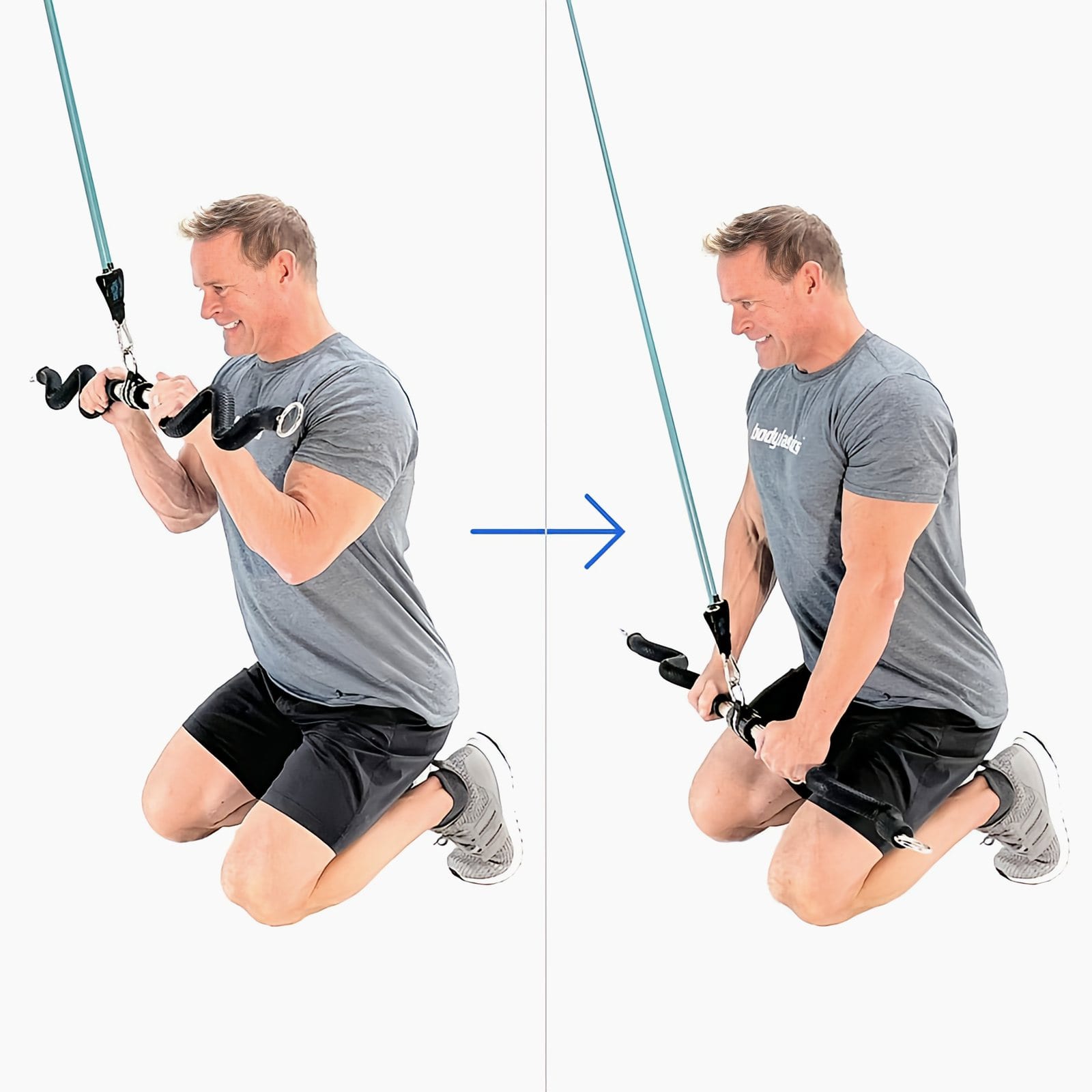 A man in a gray Bodylastics T-shirt kneels below a high anchor holding a Resistance Band Bar at his chest, then pushes it down to his thighs.