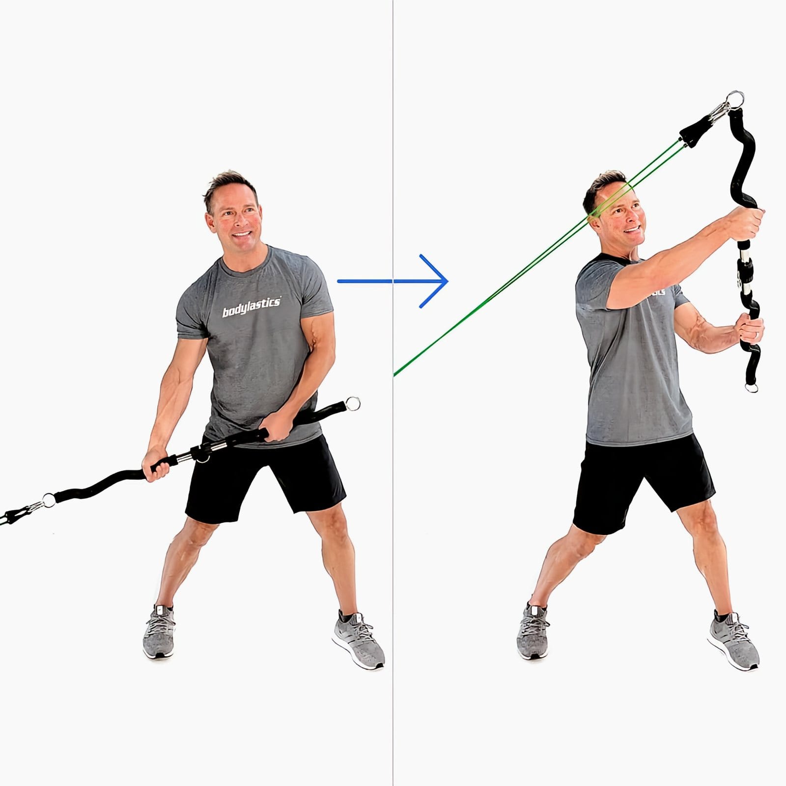 A man in a gray Bodylastics T-shirt holds a Resistance Band Bar low by his hip from a low anchor, then rotates it up and across to above his head.