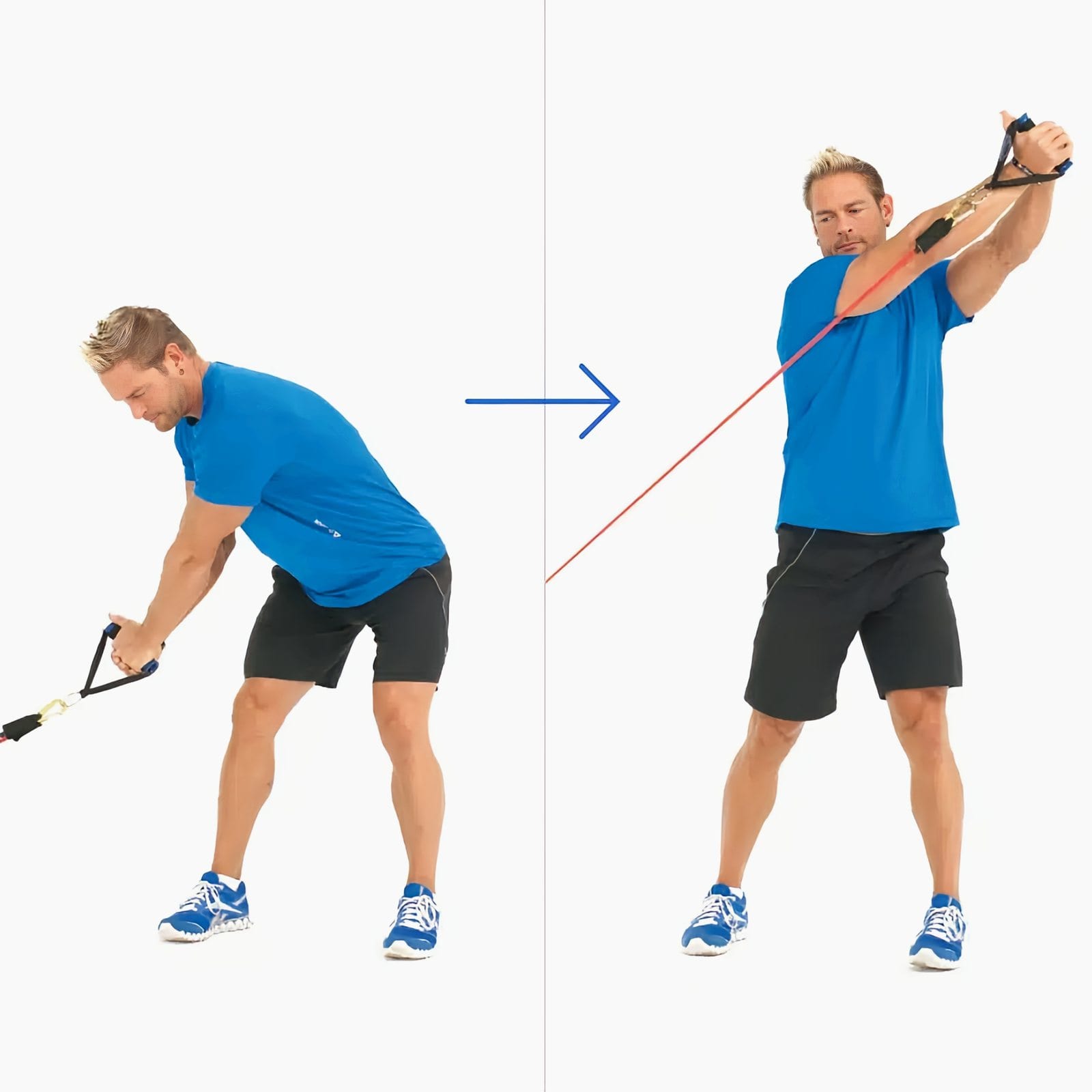 Man bending toward a low anchor holding one handle by his knee, then rotating to pull it up and across his body to eye level.
