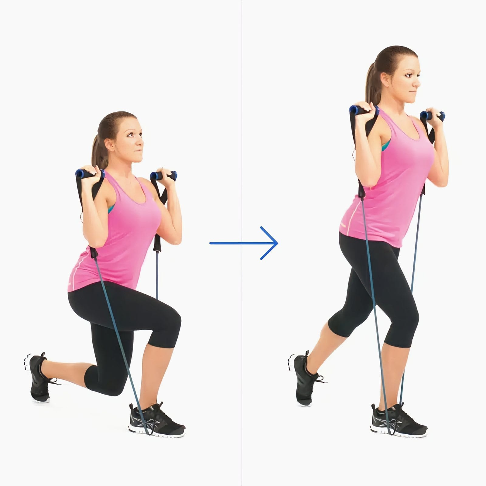 Woman in a split stance stands on a band with her front foot, handles at her shoulders, rising from the bottom of a lunge.