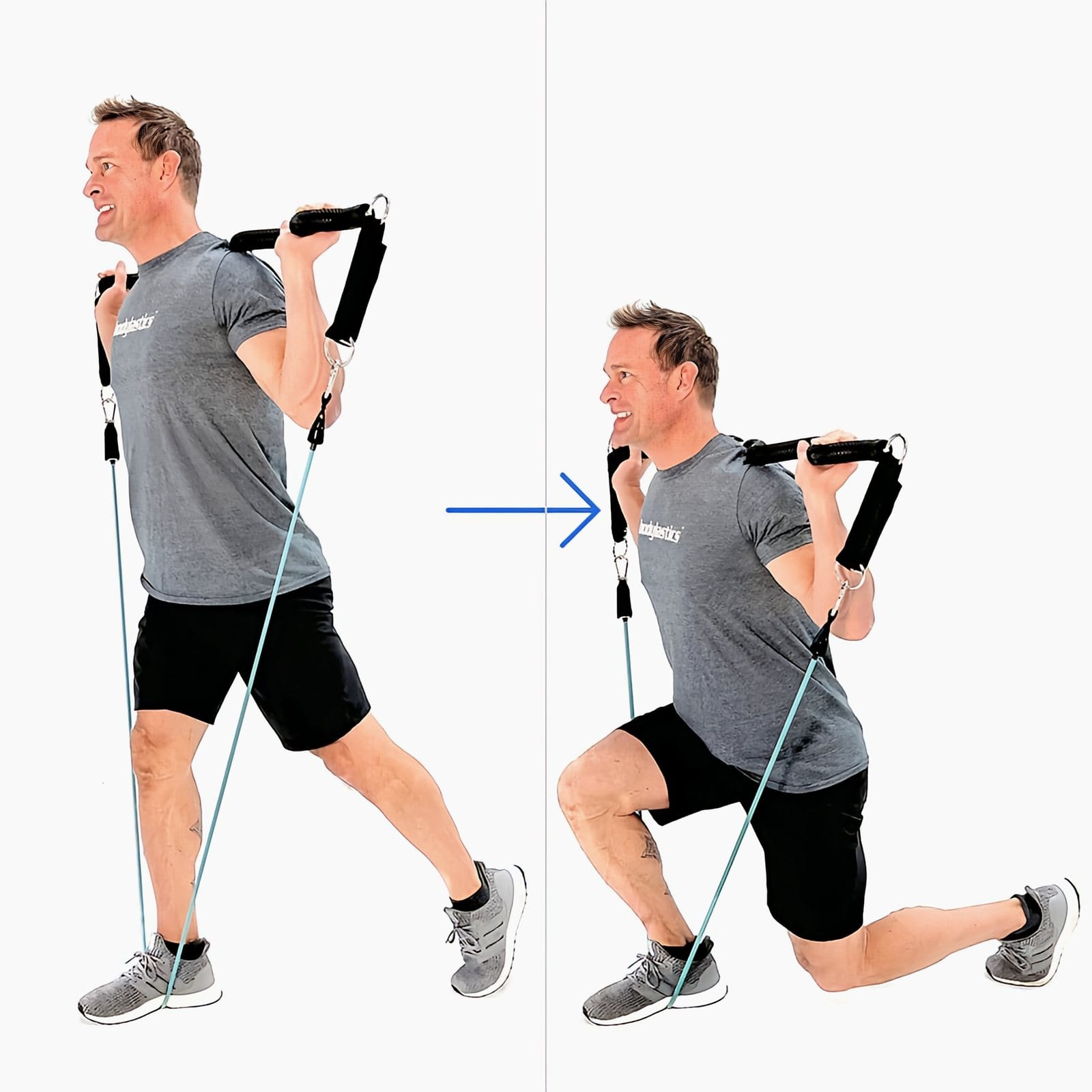 A man in a gray Bodylastics T-shirt in a split stance on a band holds a Resistance Band Bar across his upper back, then lunges down.