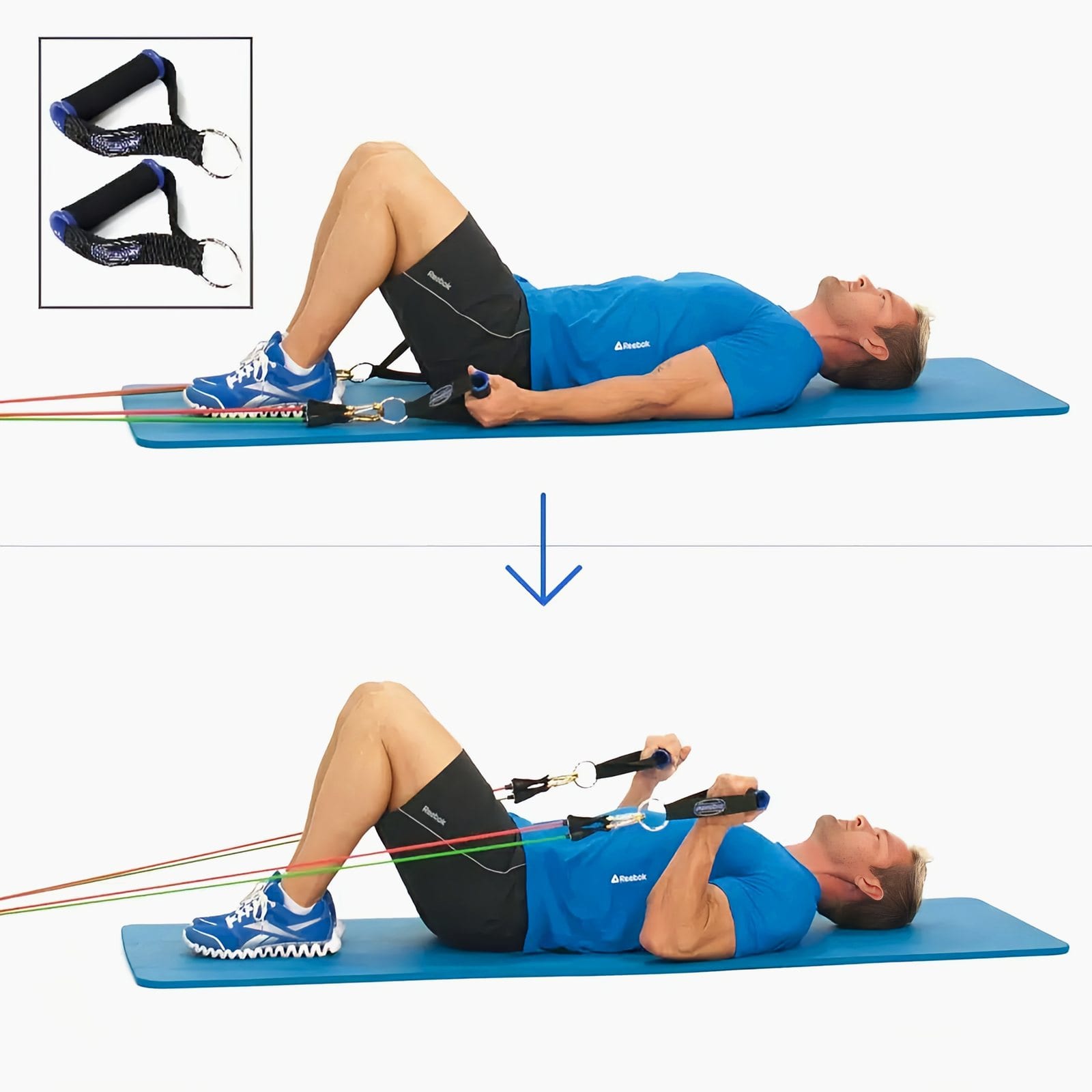 Man lying on a mat, knees bent, holding handles with bands from a low door anchor, arms straight by his sides, then curling the handles over his chest.