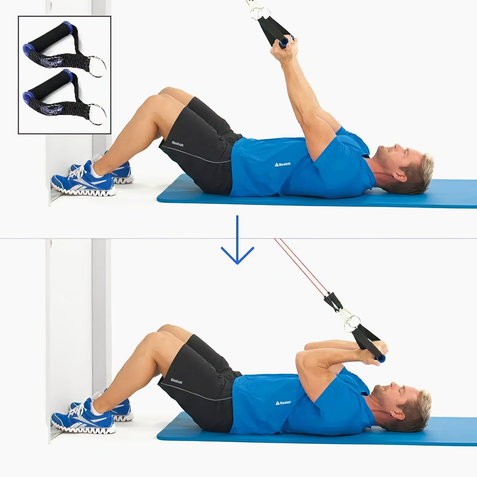 Man lying on a mat with toes against the door, arms reaching up to handles on a high anchor, then curling the handles down toward his face.