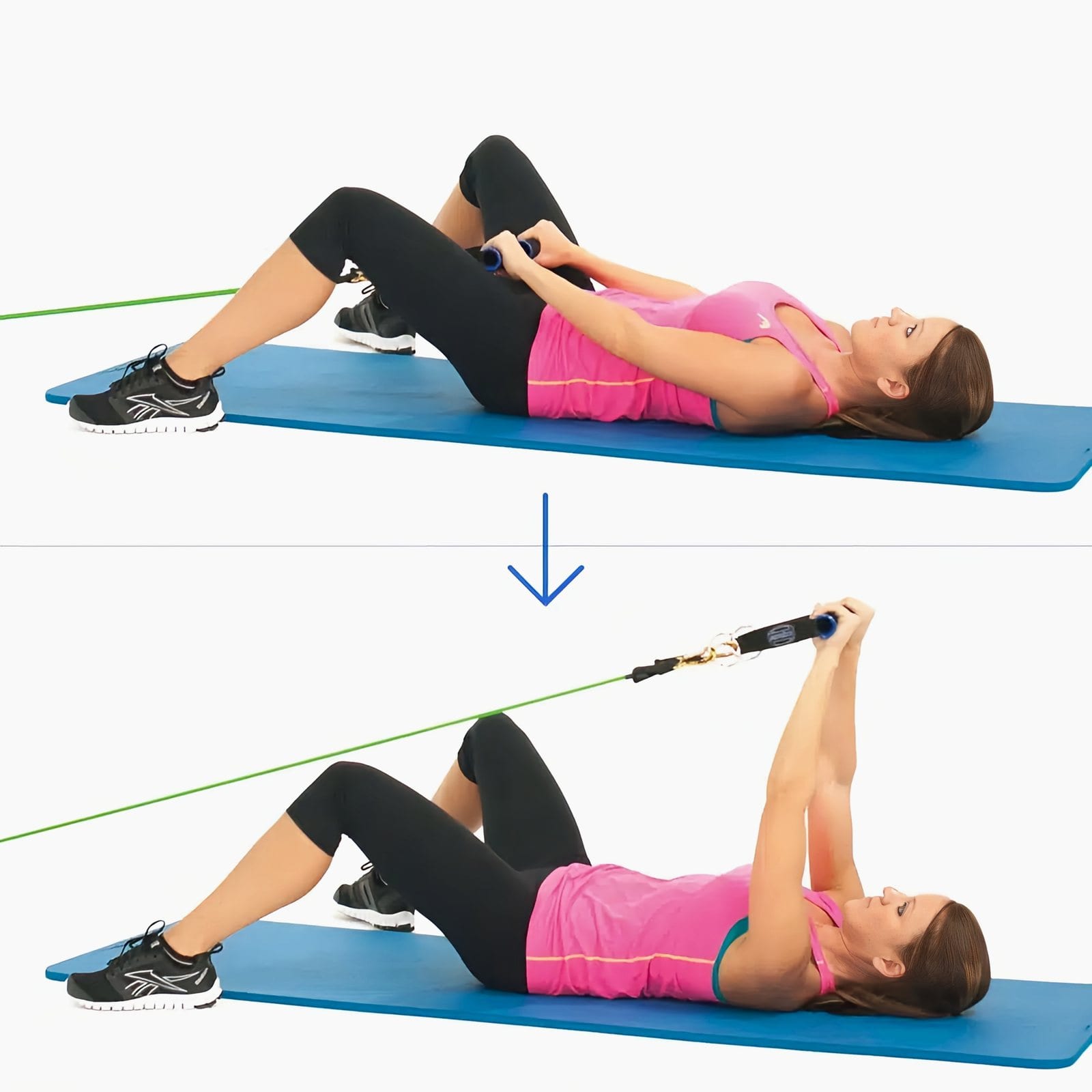 Woman lies on her back with knees bent, raising the handles from between her knees to straight above her chest.