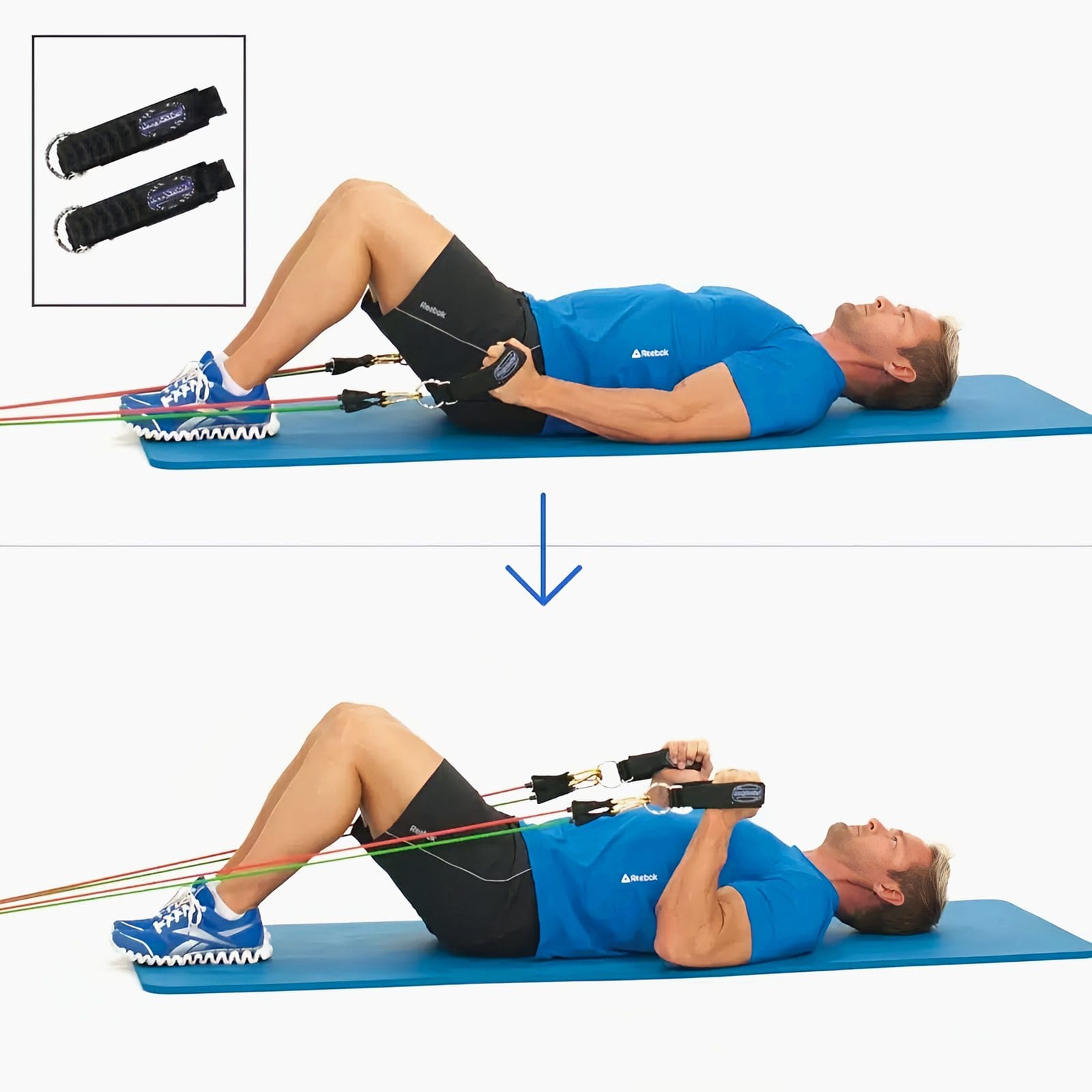 Man lying on a mat, knees bent, gripping ankle straps on bands from a low anchor, arms by his sides, then curling his hands over his chest.