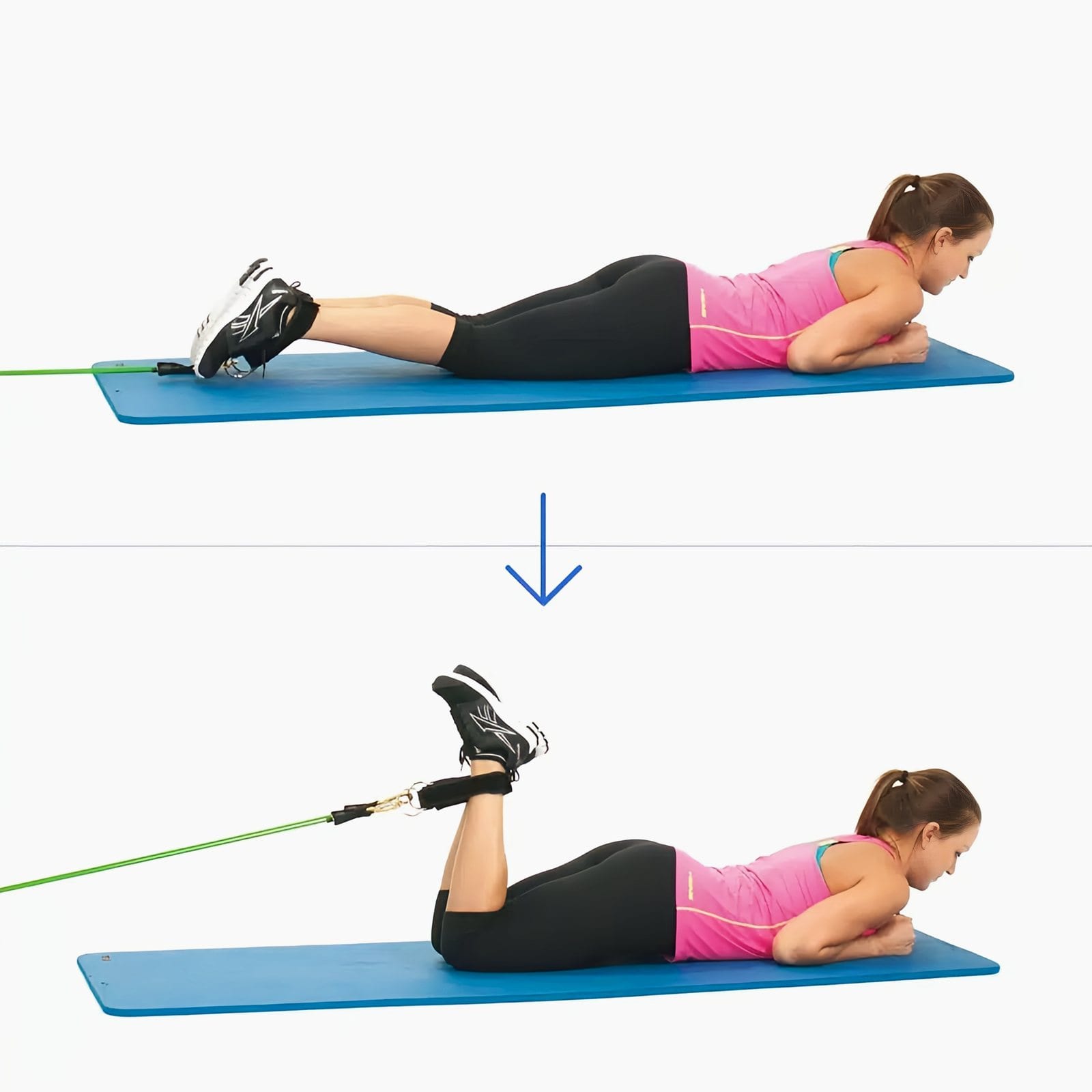 Woman lies face down on a mat with ankle straps on, curling her heels toward her glutes against a band anchored low on the door.