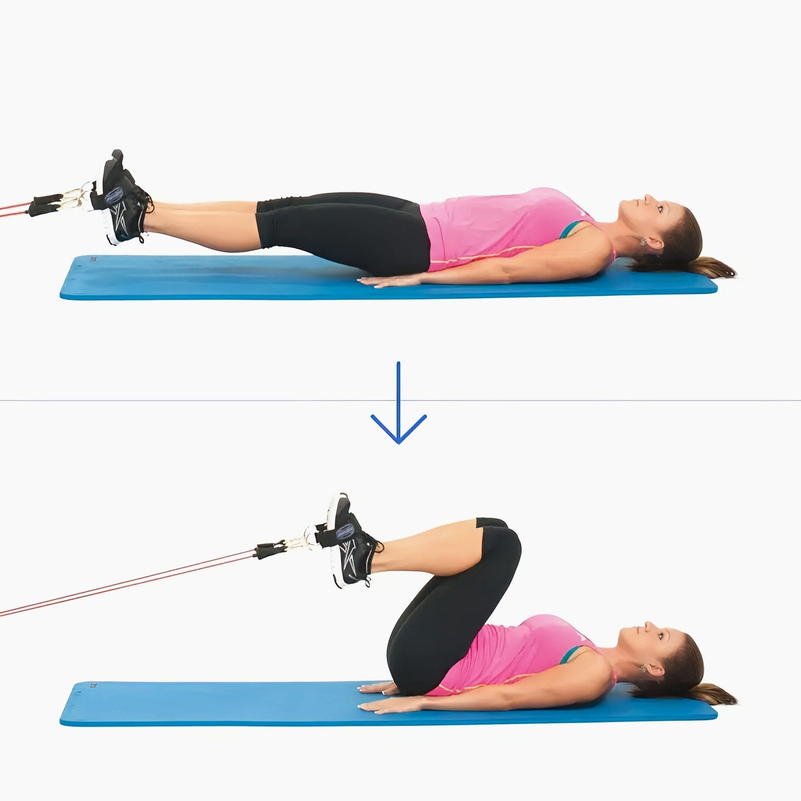 Woman lies on her back with ankle straps on both feet, legs straight toward a low anchor, then pulls her knees in toward her chest.