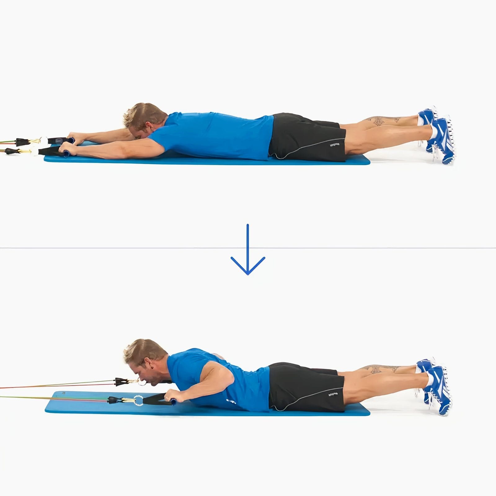 Man lying face down on a mat with arms stretched overhead holding two handles from a low anchor, then pulling his hands back to chin level.