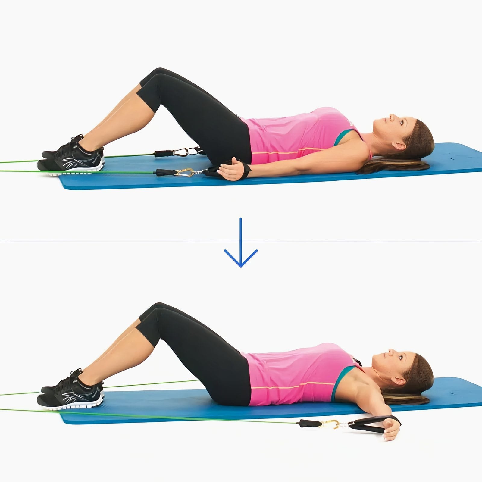 Woman lies on her back, knees bent, ankle straps on her wrists, sweeping her arms from her sides out level with her shoulders.