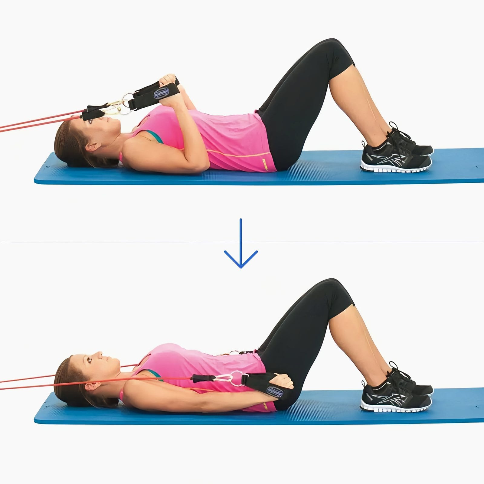 Woman lying on a mat with her head toward a low anchor, holding ankle straps over her chest, then pushing her hands down to her hips.
