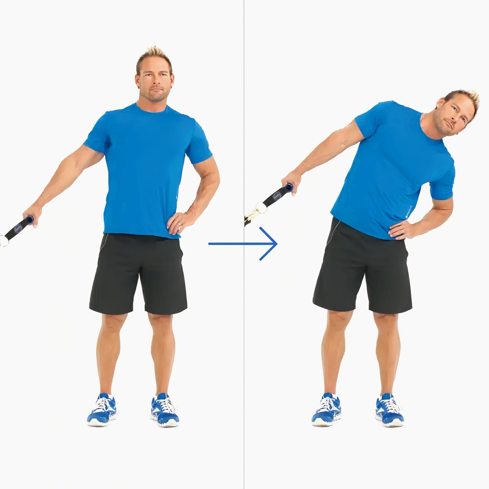 Man standing side-on to a low anchor holding a handle with his arm angled down, then bending at the waist away from the door, other hand on his hip.