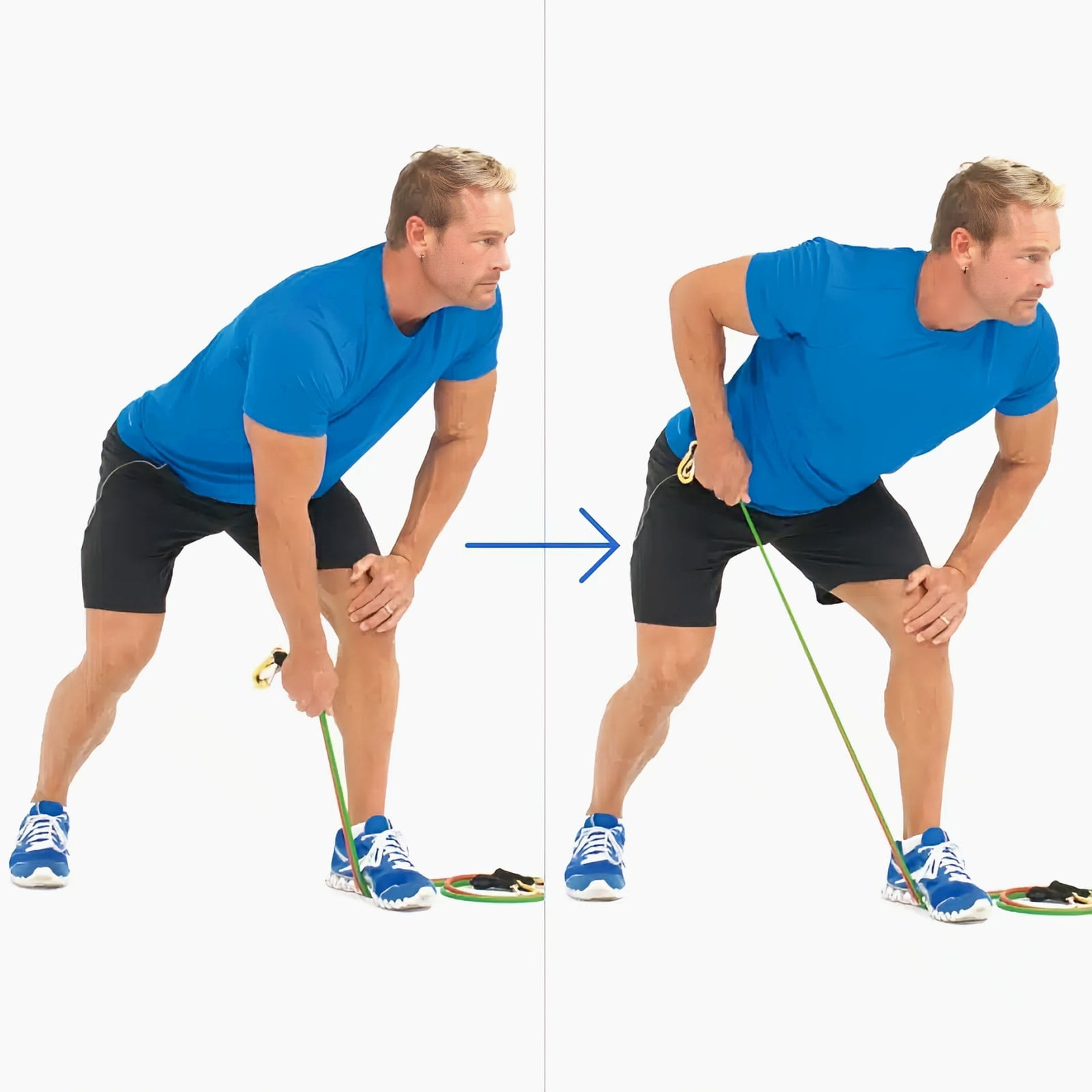 Man in a staggered bent-over stance, one foot on the band and a hand on his knee, rowing the band from below his knee up to his hip.