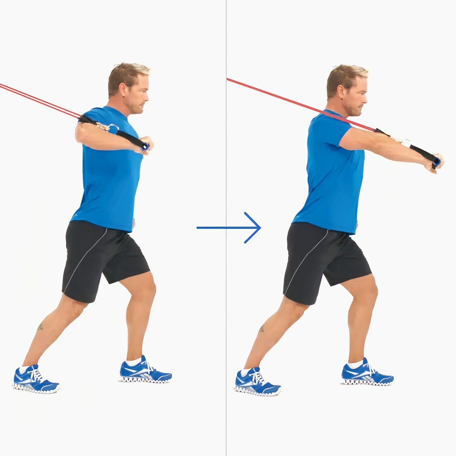 Man in a staggered stance with his back to a high anchor, elbow bent holding a handle at shoulder level, then pressing it forward.