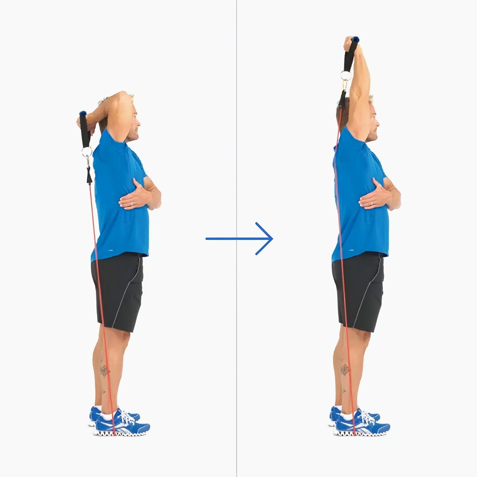 Man standing on a band, holding a handle behind his head with his elbow up, then pressing it straight overhead.