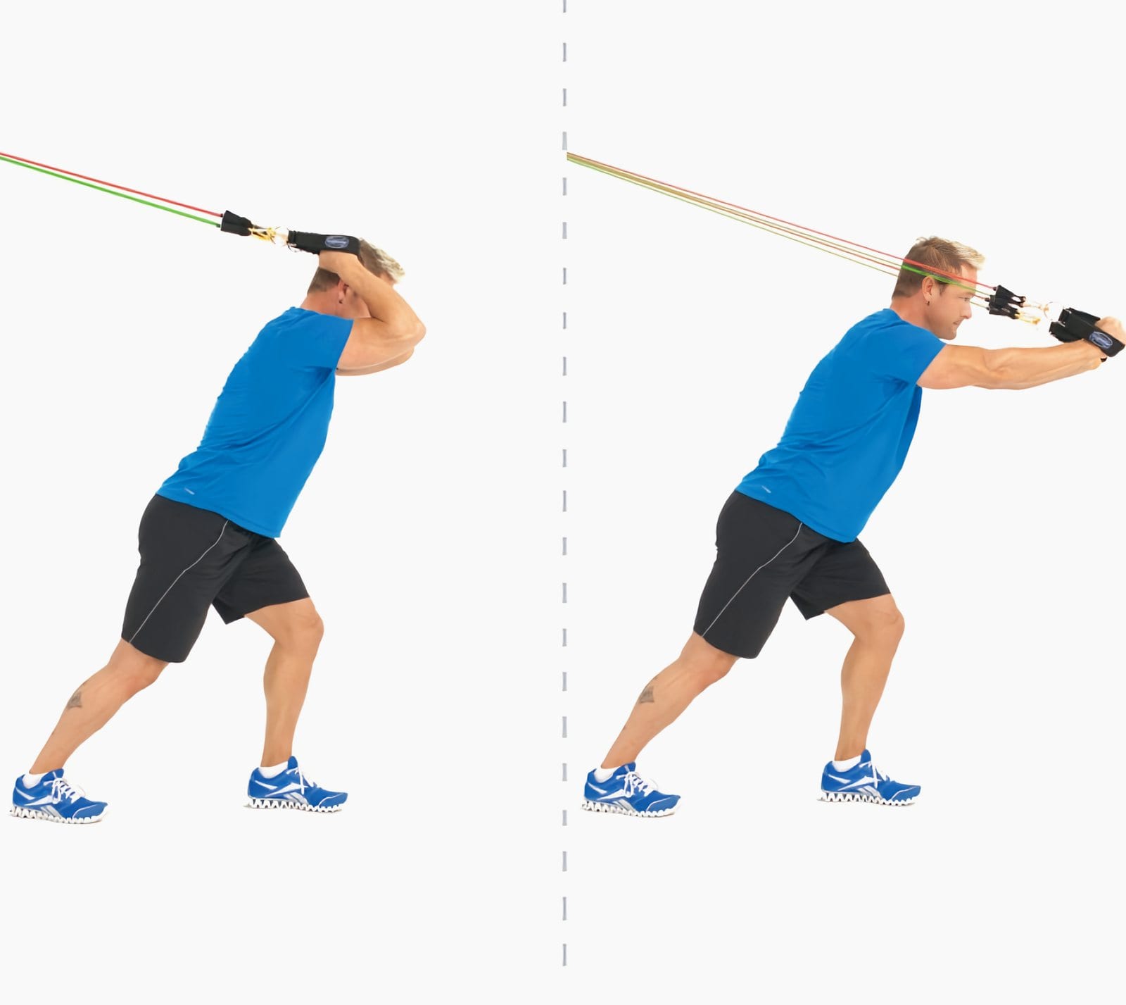 Man in a staggered stance leaning away from a high anchor, ankle straps behind his head, then extending his arms forward to eye level.