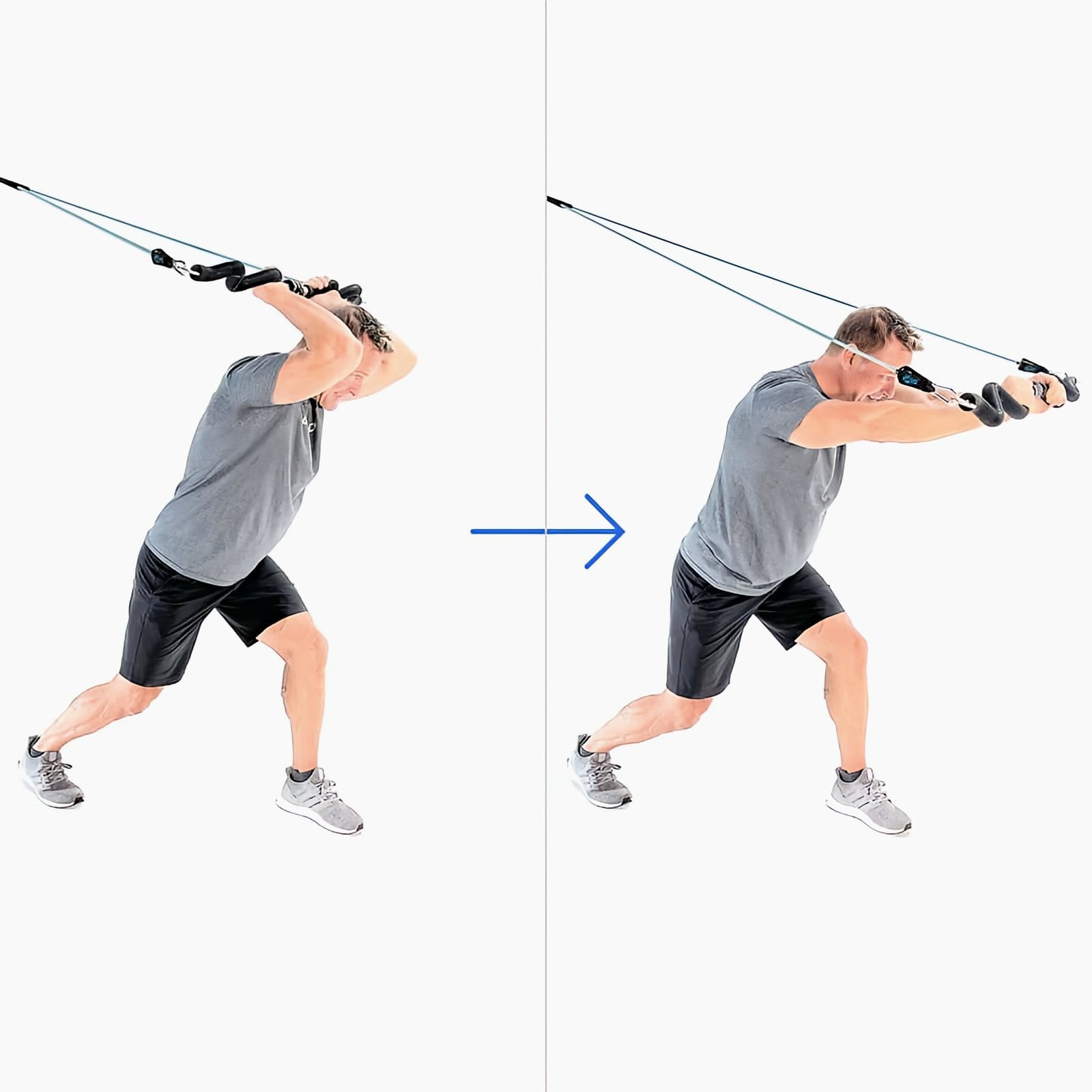A man in a gray Bodylastics T-shirt leans forward with a Resistance Band Bar behind his head from a high anchor, then extends his arms forward.