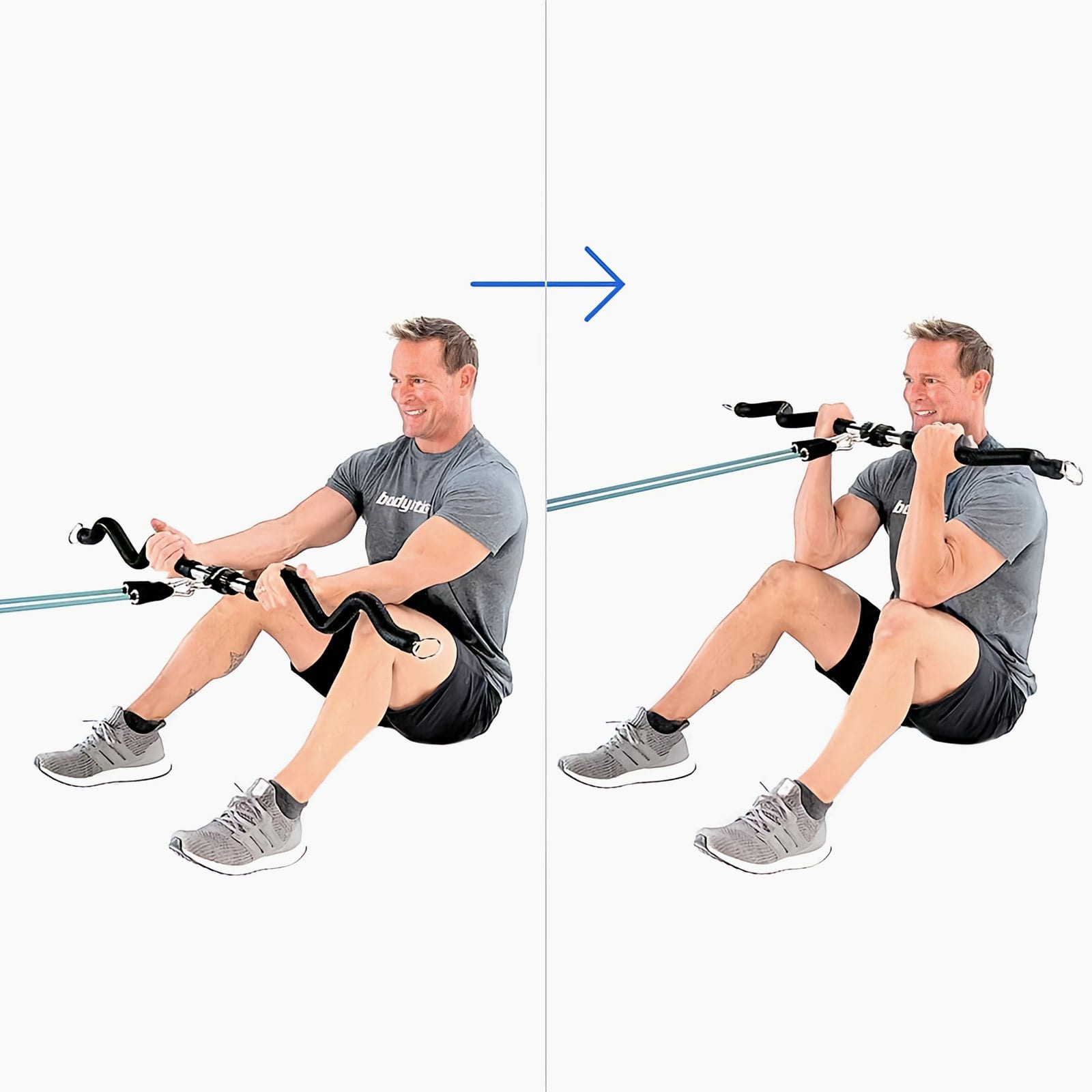 A man in a gray Bodylastics T-shirt sits with elbows on his knees holding a Resistance Band Bar from a low anchor, then curls it up to his chin.