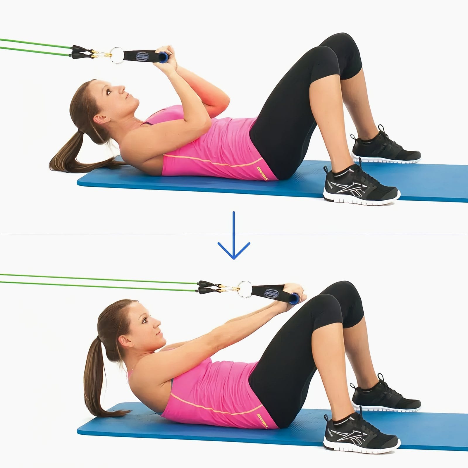 Woman lying on a mat, head toward the anchor, holding a handle above her face, then crunching up and pushing it forward toward her knees.