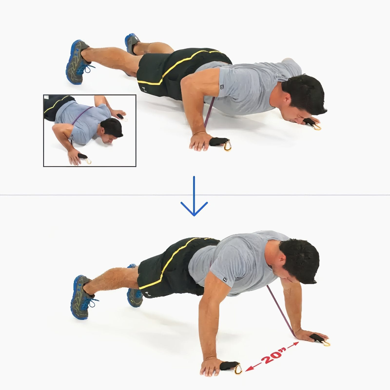 Man in a push-up with a band across his back and the ends under his palms, hands 20 inches apart, lowering then pushing up to straight arms.