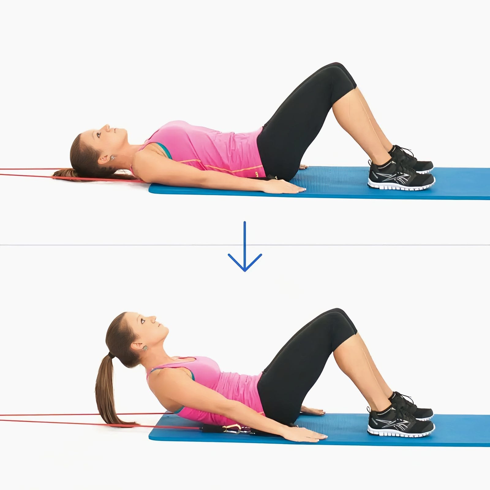 Woman lying on a mat with bands running past her head and straps in her hands at her sides, then crunching her shoulders up off the mat.