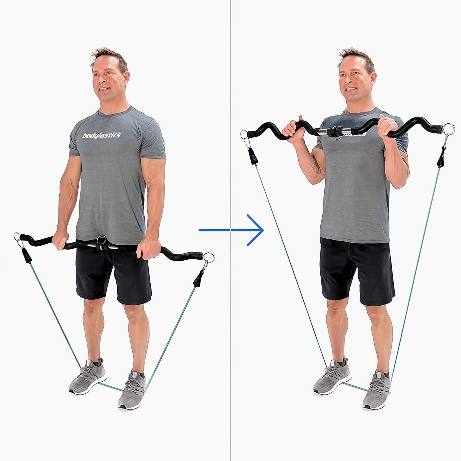 A man in a gray Bodylastics T-shirt stands on bands holding a Resistance Band Bar palms down at his thighs, then curls it up to chest height.