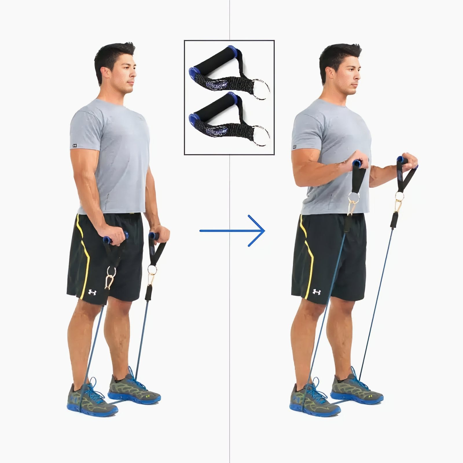 Man standing on a resistance band holding handles with an overhand grip at his thighs, then curling them to chest height.