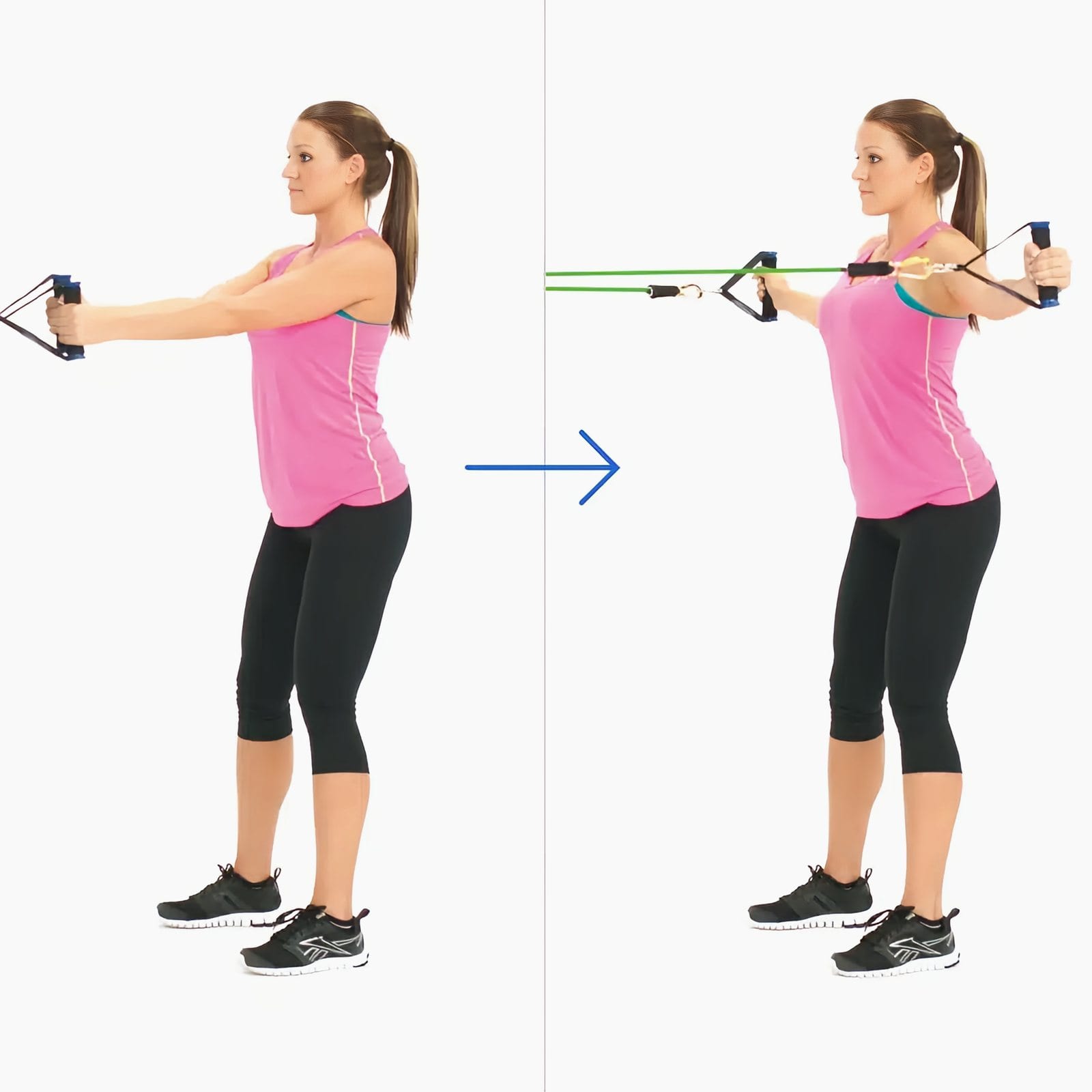 Woman faces a chest-height anchor holding handles with arms straight ahead, then sweeps her arms out to her sides.
