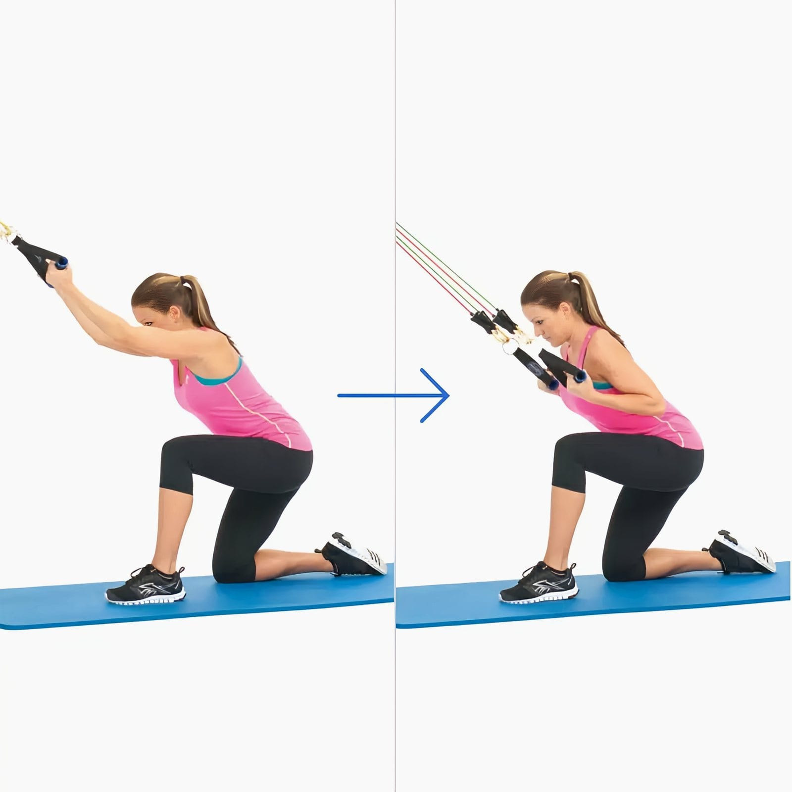 Woman kneeling on one knee reaching up to two handles from a high anchor, palms up, then pulling them down to just below her chin.