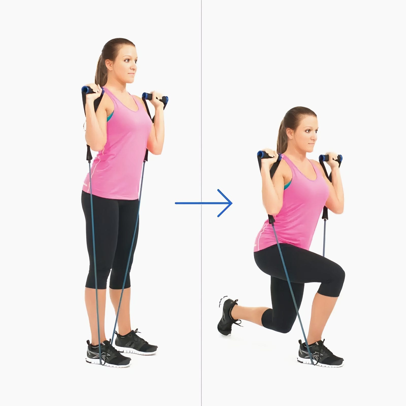 Woman stands on a band with one foot, handles at her shoulders, then steps her other leg back into a deep reverse lunge.