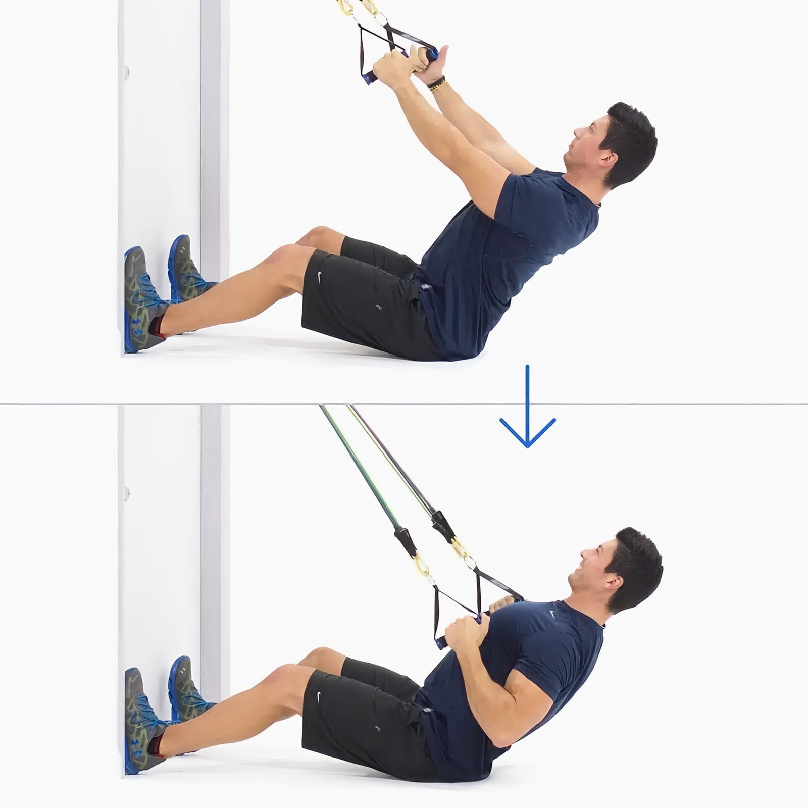 Man sitting with feet against a door, leaning back with arms reaching up to two handles from a high anchor, then rowing them to just below his chest.