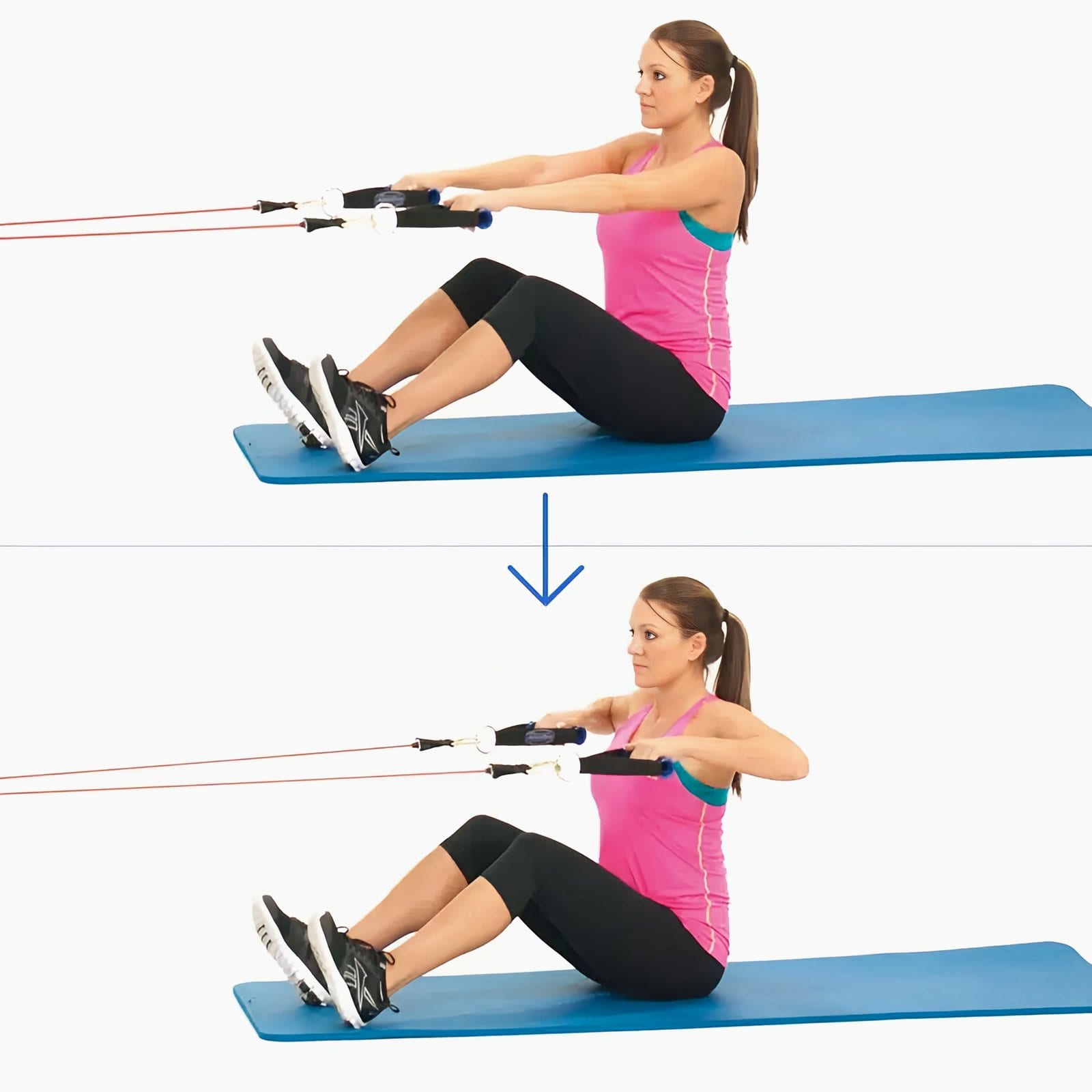 Woman sits on a mat facing a door anchor, pulling handles from straight arms back until her elbows are level with her shoulders.