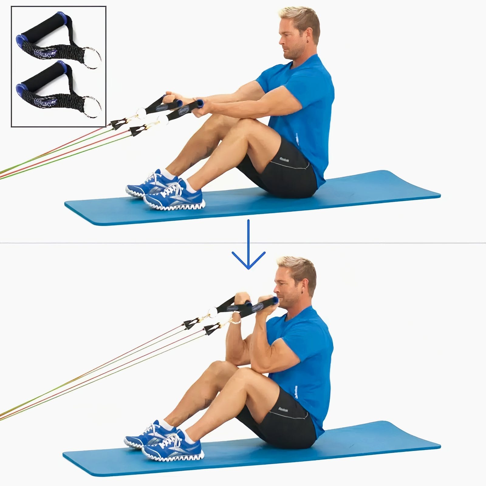 Man seated on a mat facing a low anchor, elbows over his knees, arms extended holding handles, then curling the handles to his face.