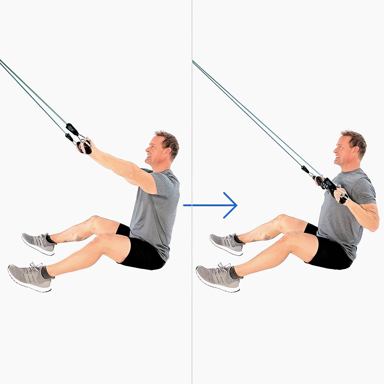A man in a gray Bodylastics T-shirt sits on the floor reaching up to a Resistance Band Bar on a high anchor, then pulls it down to his chest.