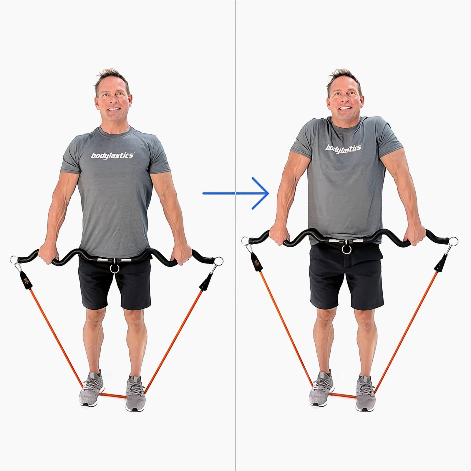 A man in a gray Bodylastics T-shirt stands on bands holding a Resistance Band Bar at his thighs, then shrugs his shoulders up toward his ears.