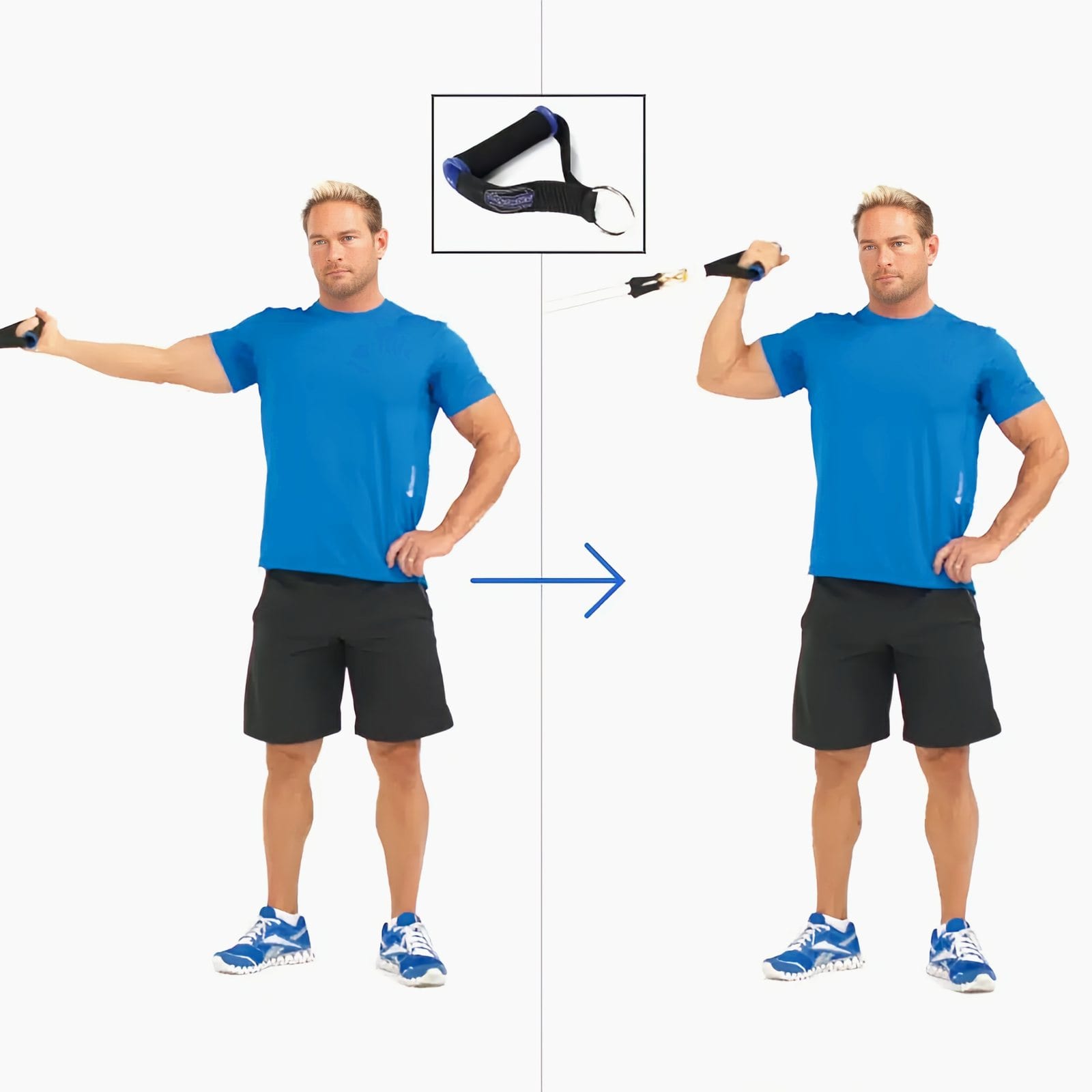 Man standing side-on to a chest-height anchor, arm straight out holding a handle, then curling it toward his head with his other hand on his hip.