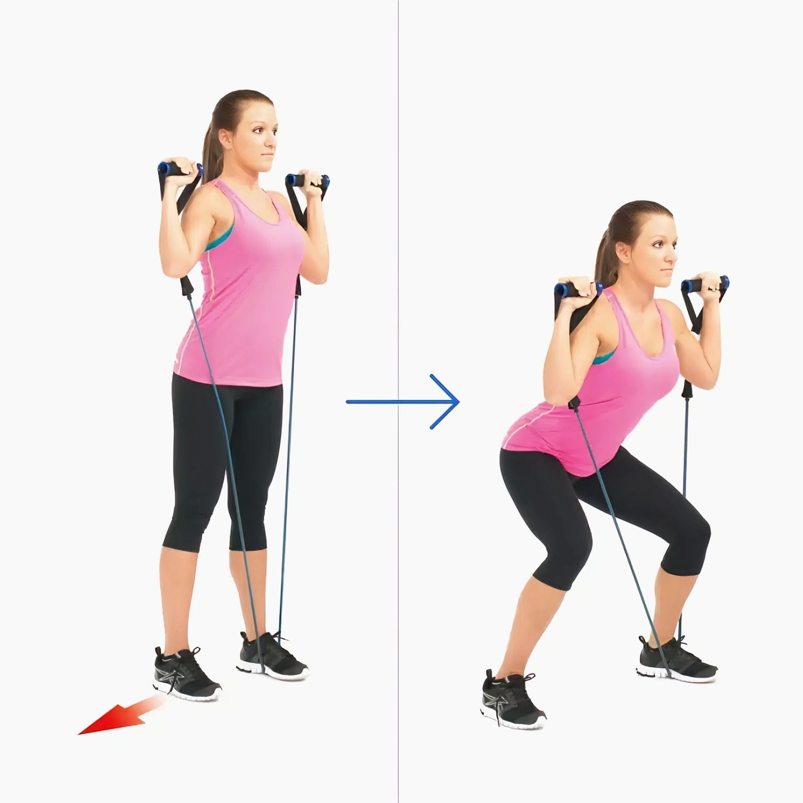 Woman stands on a band with one foot, handles at her shoulders, then steps her other foot out to the side and squats.