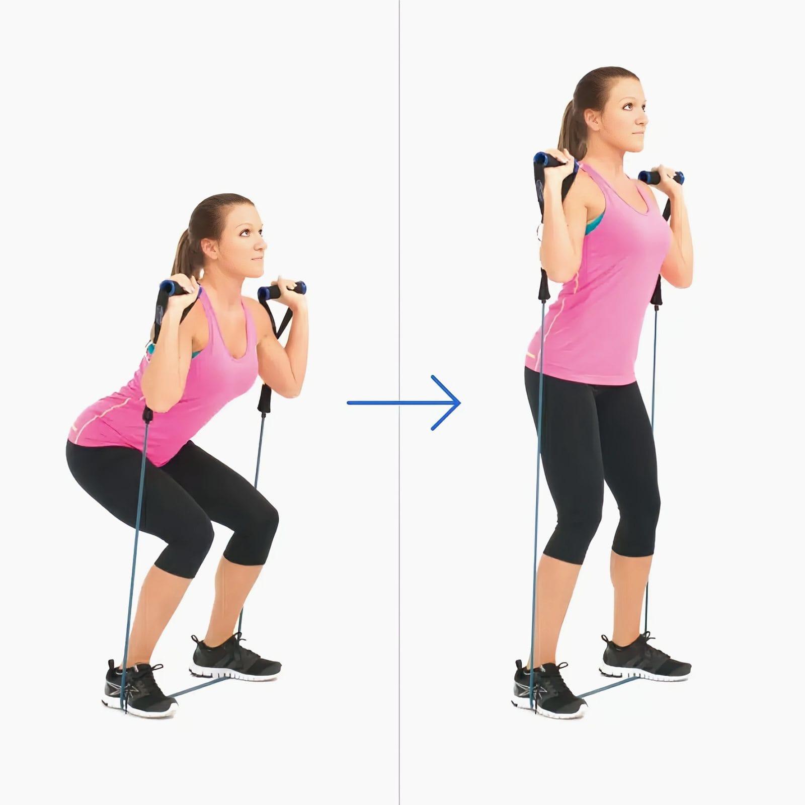Woman stands on a band with both feet and handles at her shoulders, rising from a squat to standing.
