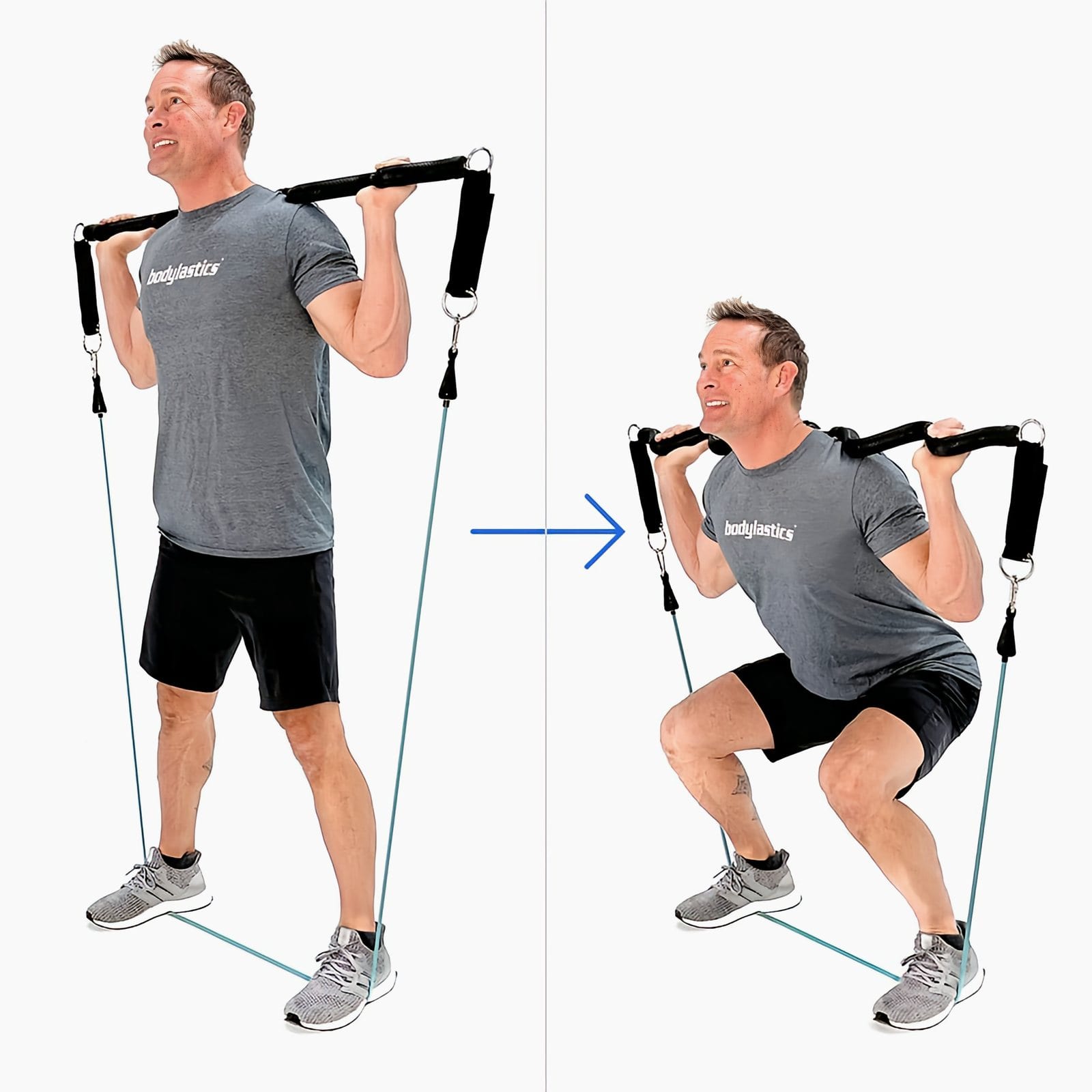 A man in a gray Bodylastics T-shirt stands on bands with a Resistance Band Bar across his upper back, then squats down with his chest up.