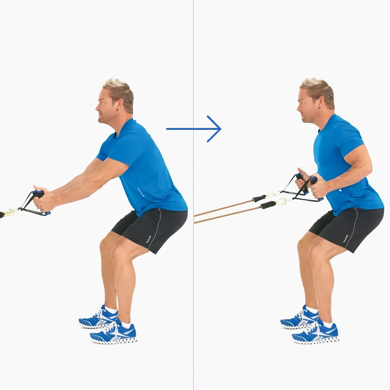 Man holding a squat facing the anchor with arms reaching forward to two handles, then rowing the handles back beside his chest while staying low.