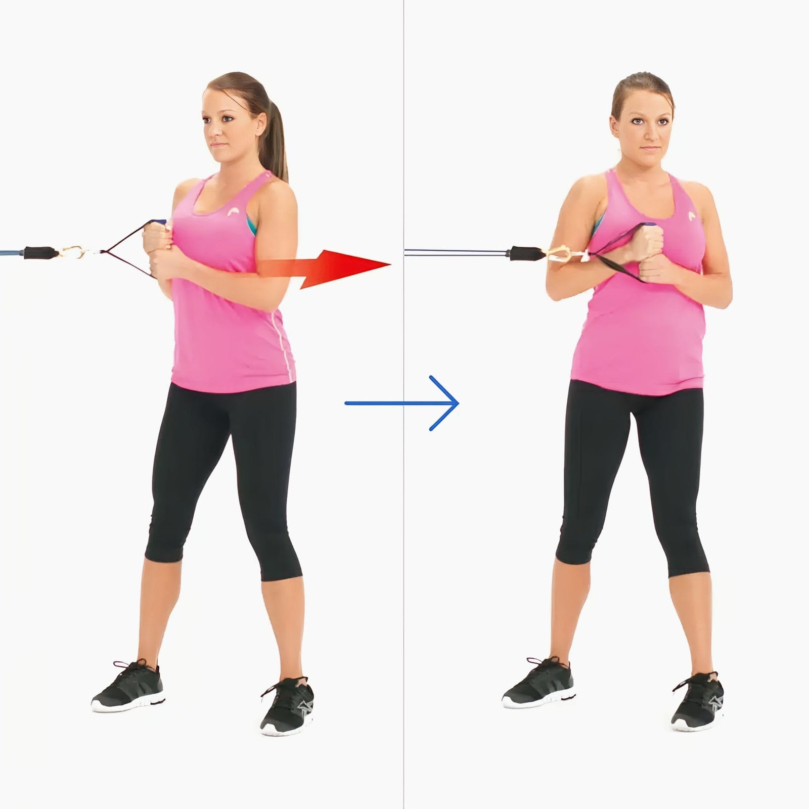 Woman standing side-on to the anchor, rotated toward it with a handle at her chest, then turning her upper body away from the door to face forward.